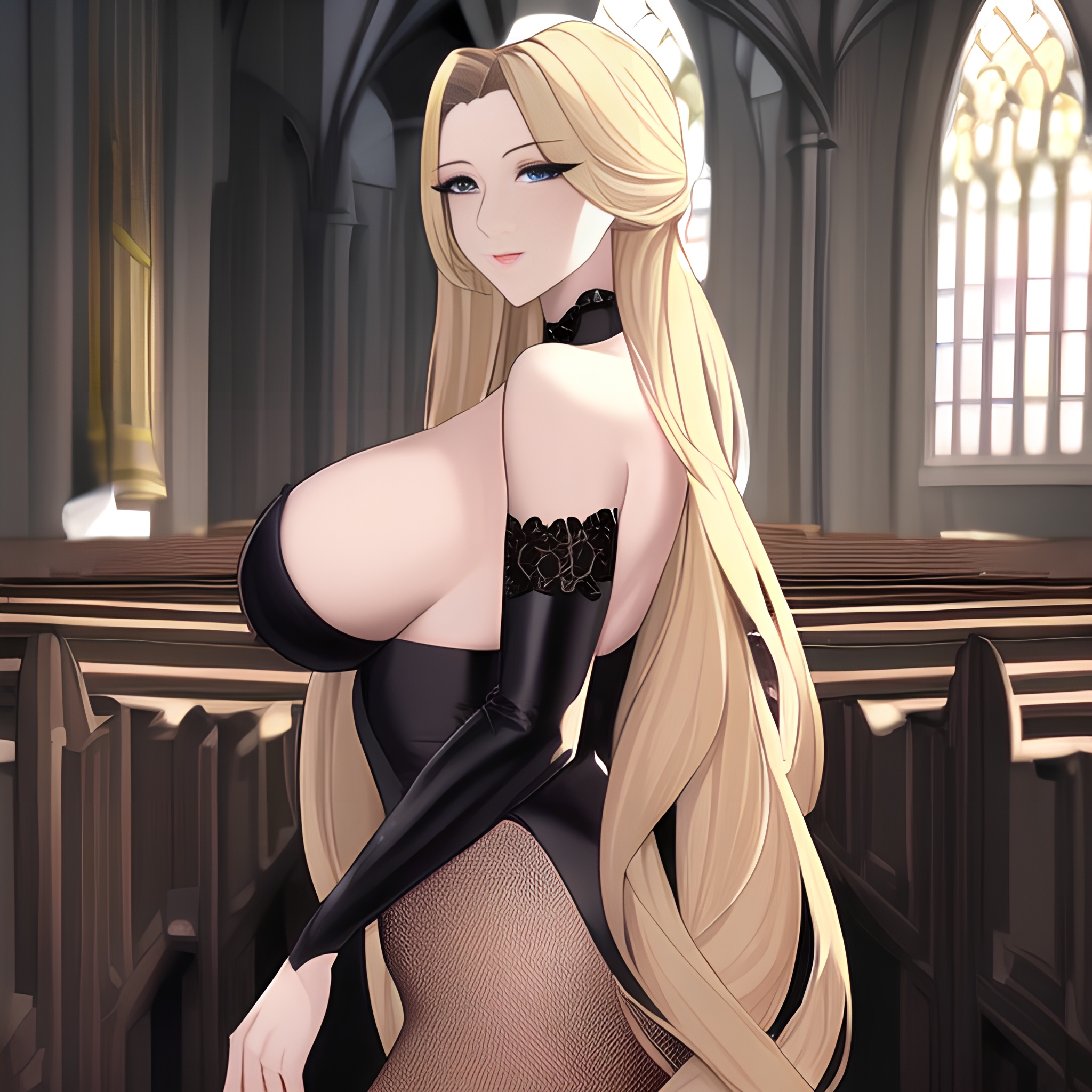 church fishnet nude woman long hair blonde small boobs front view 