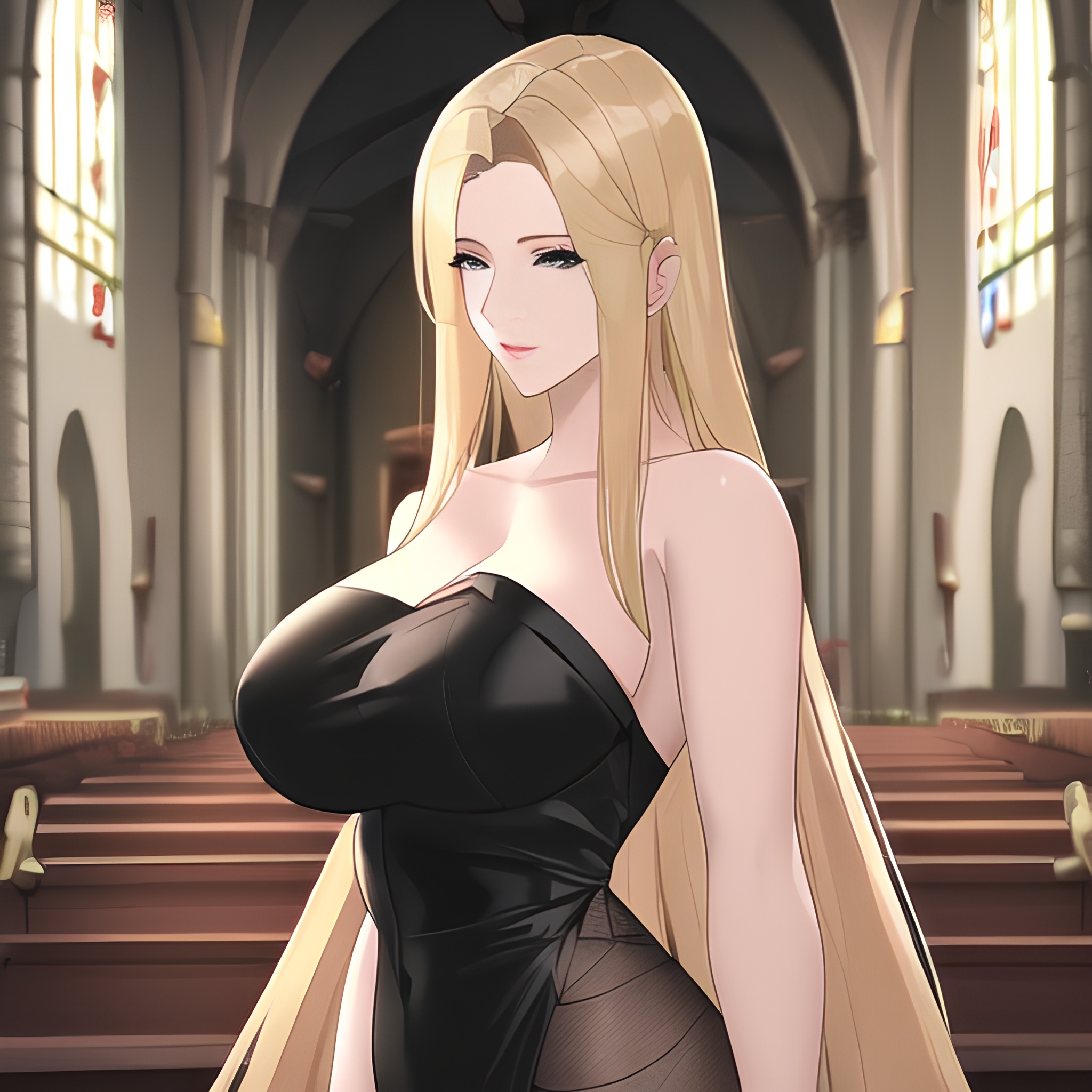 church fishnet small boobs woman blonde front view long hair nude 