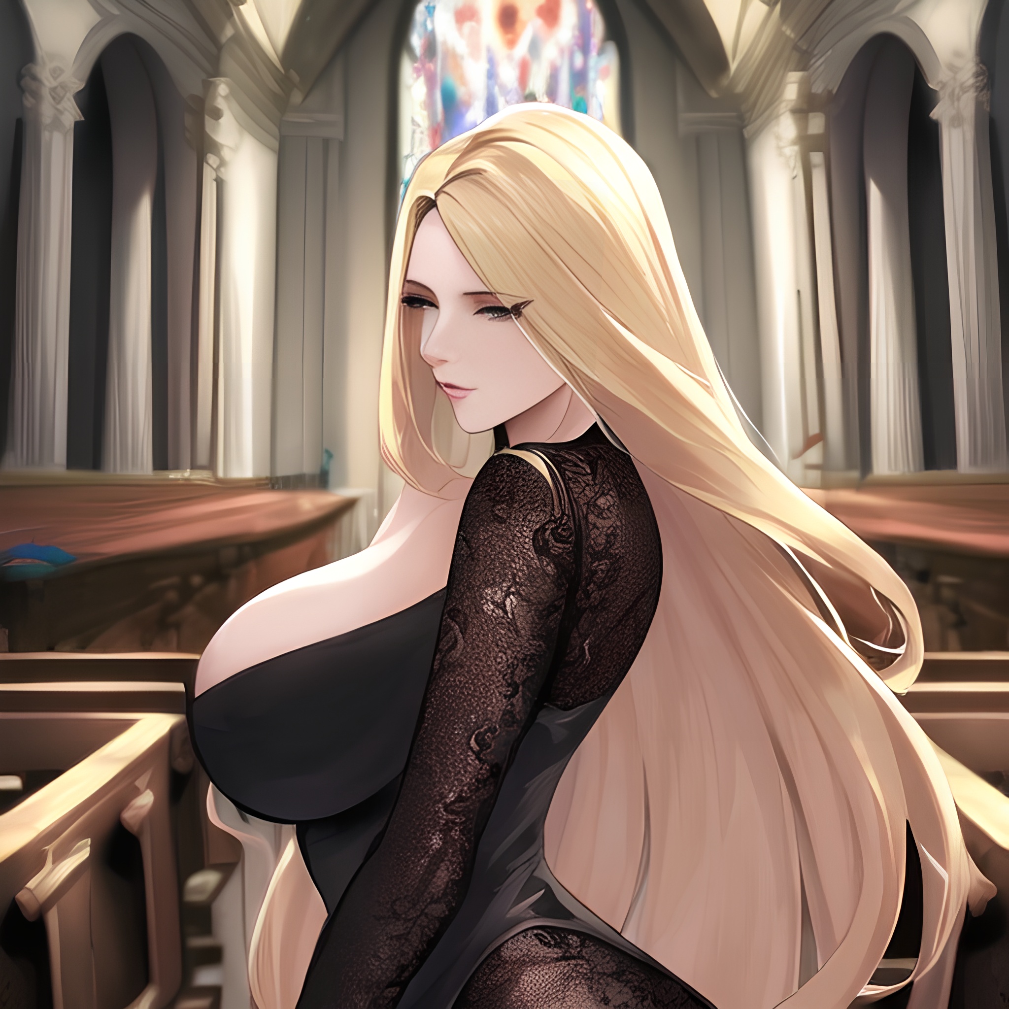 church fishnet small boobs woman front view nude blonde long hair 