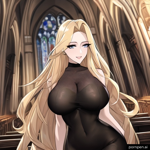 church fishnet woman blonde long hair front view nude small boobs 