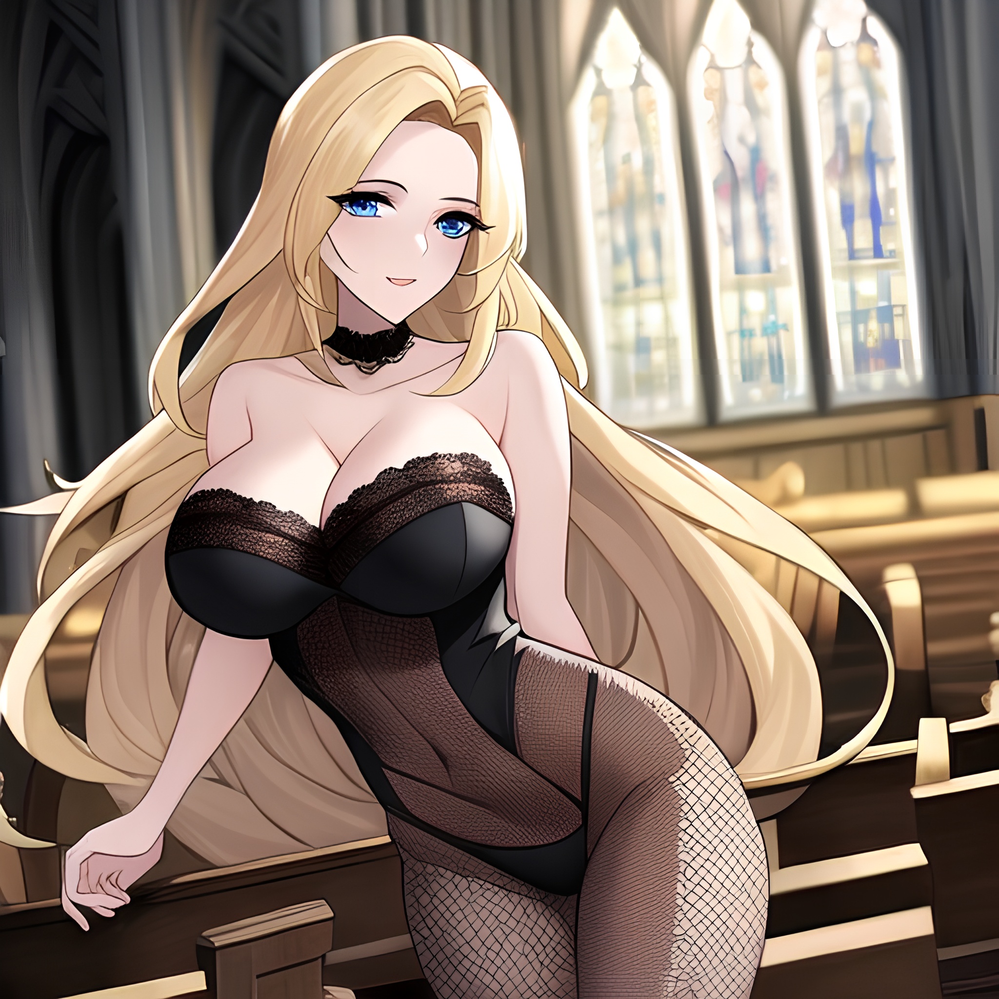 church fishnet woman blonde long hair