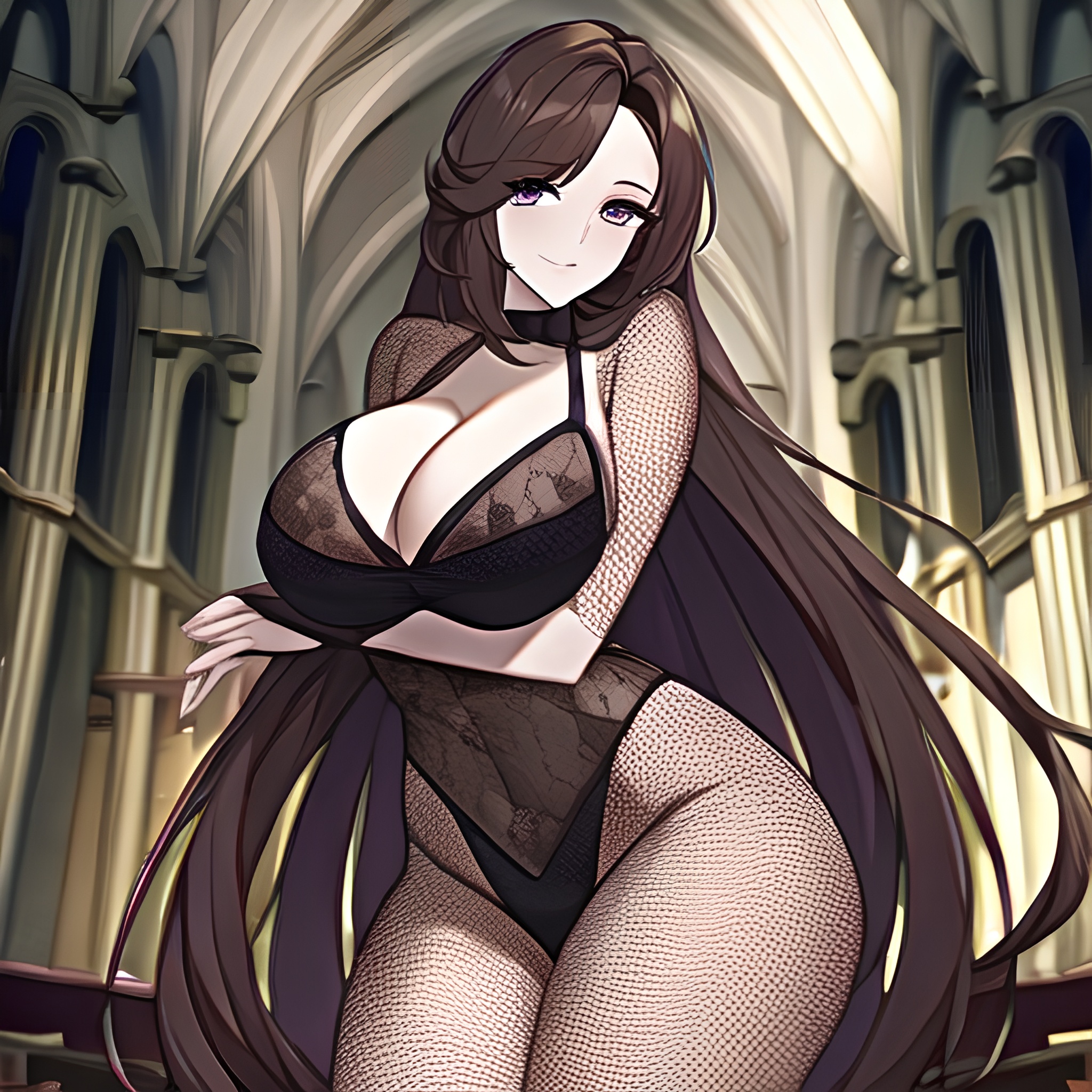 church fishnet woman brunette long hair messy hair 