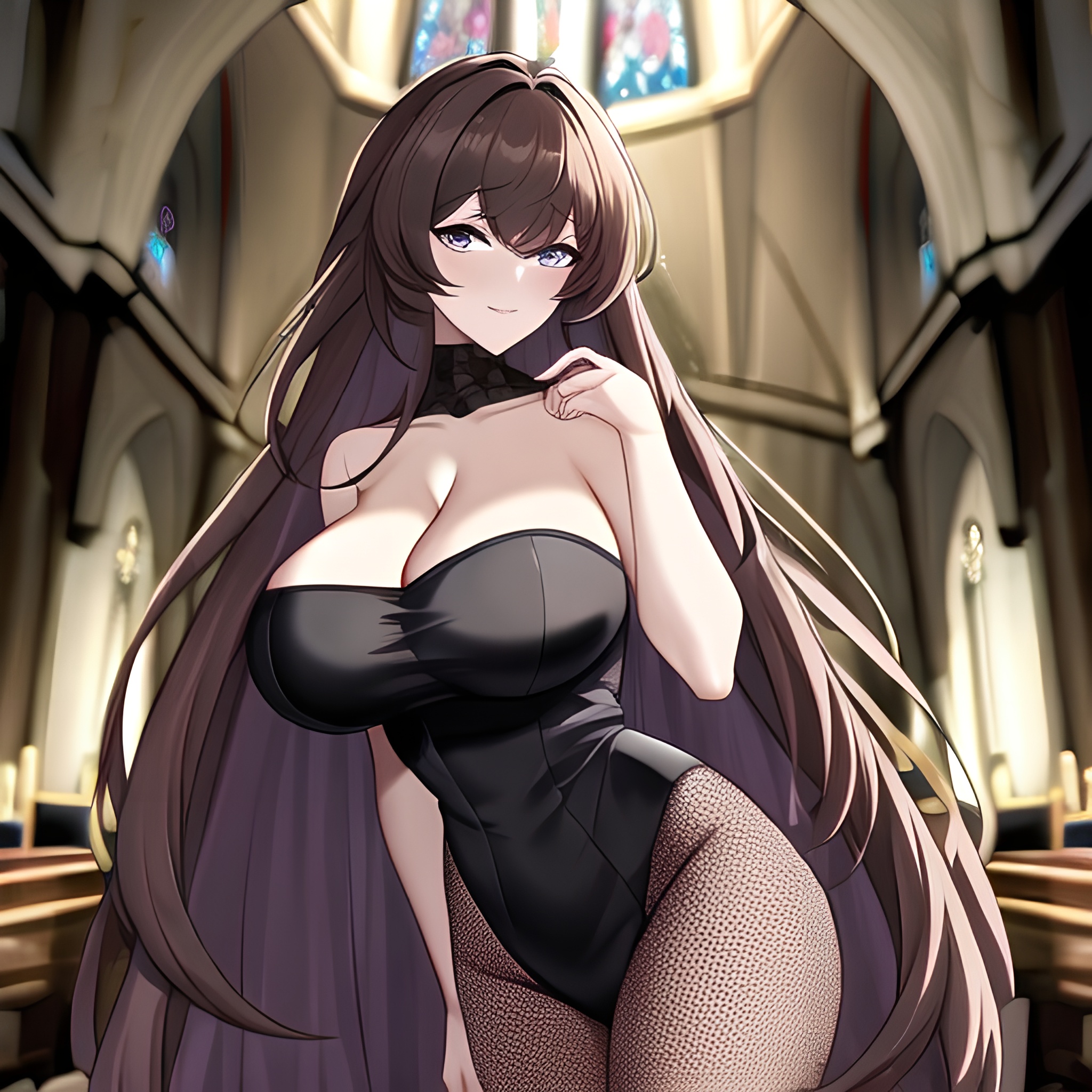 church fishnet woman brunette messy hair long hair 