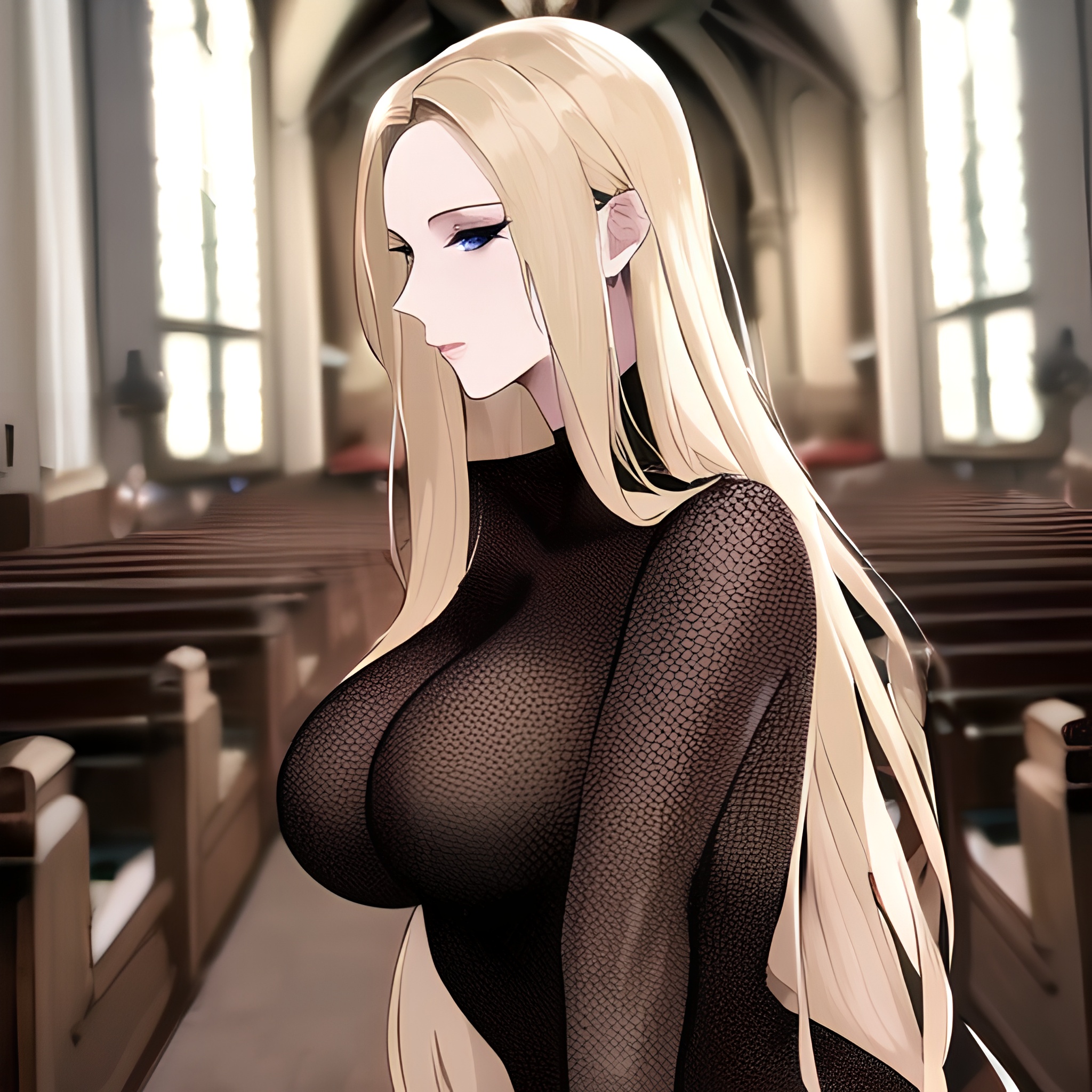 church fishnet woman front view nude small boobs long hair blonde 