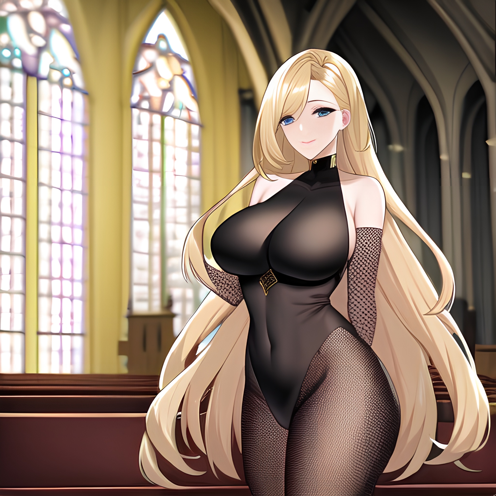 church fishnet woman long hair blonde 