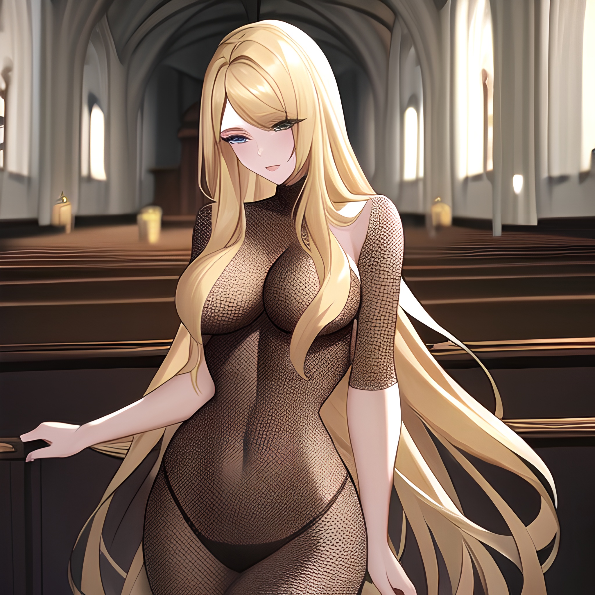 church fishnet woman long hair blonde 