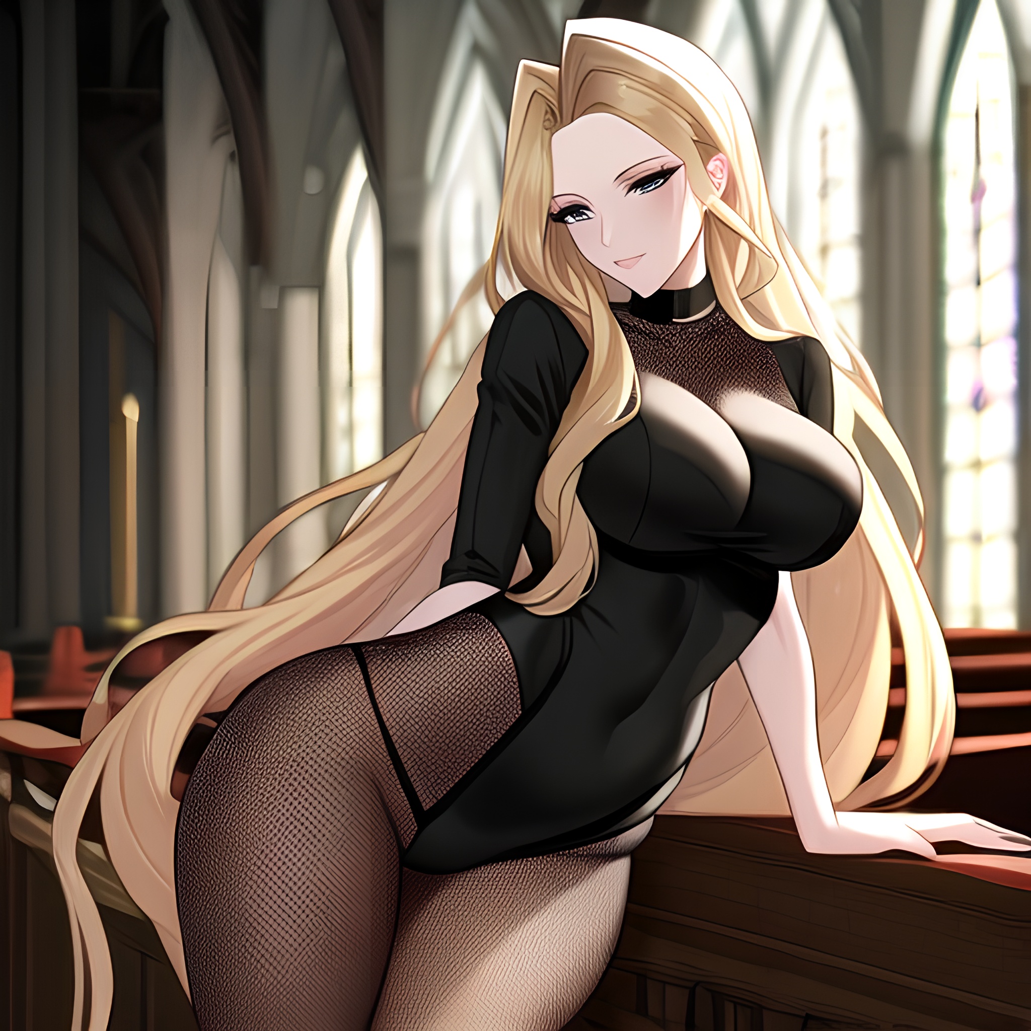 church fishnet woman long hair blonde 
