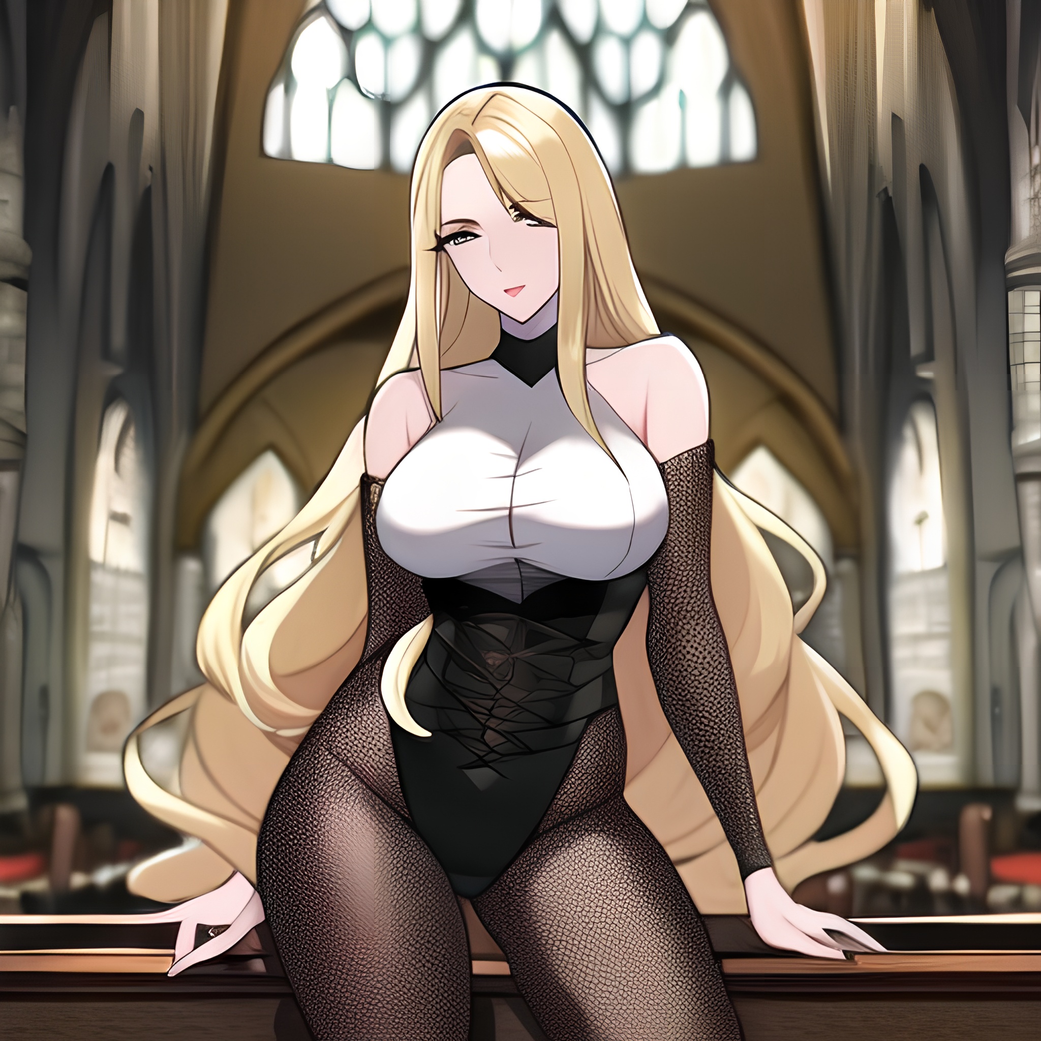 church fishnet woman long hair blonde