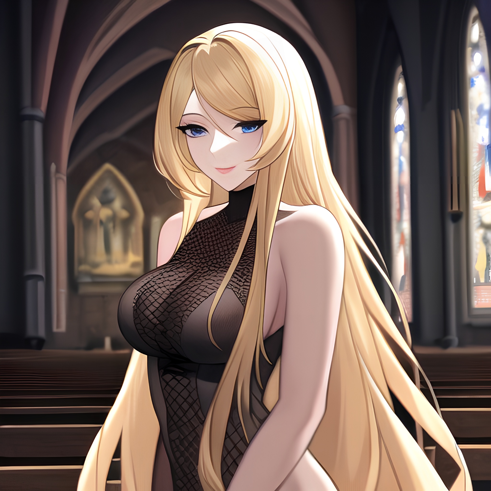 church fishnet woman long hair blonde 