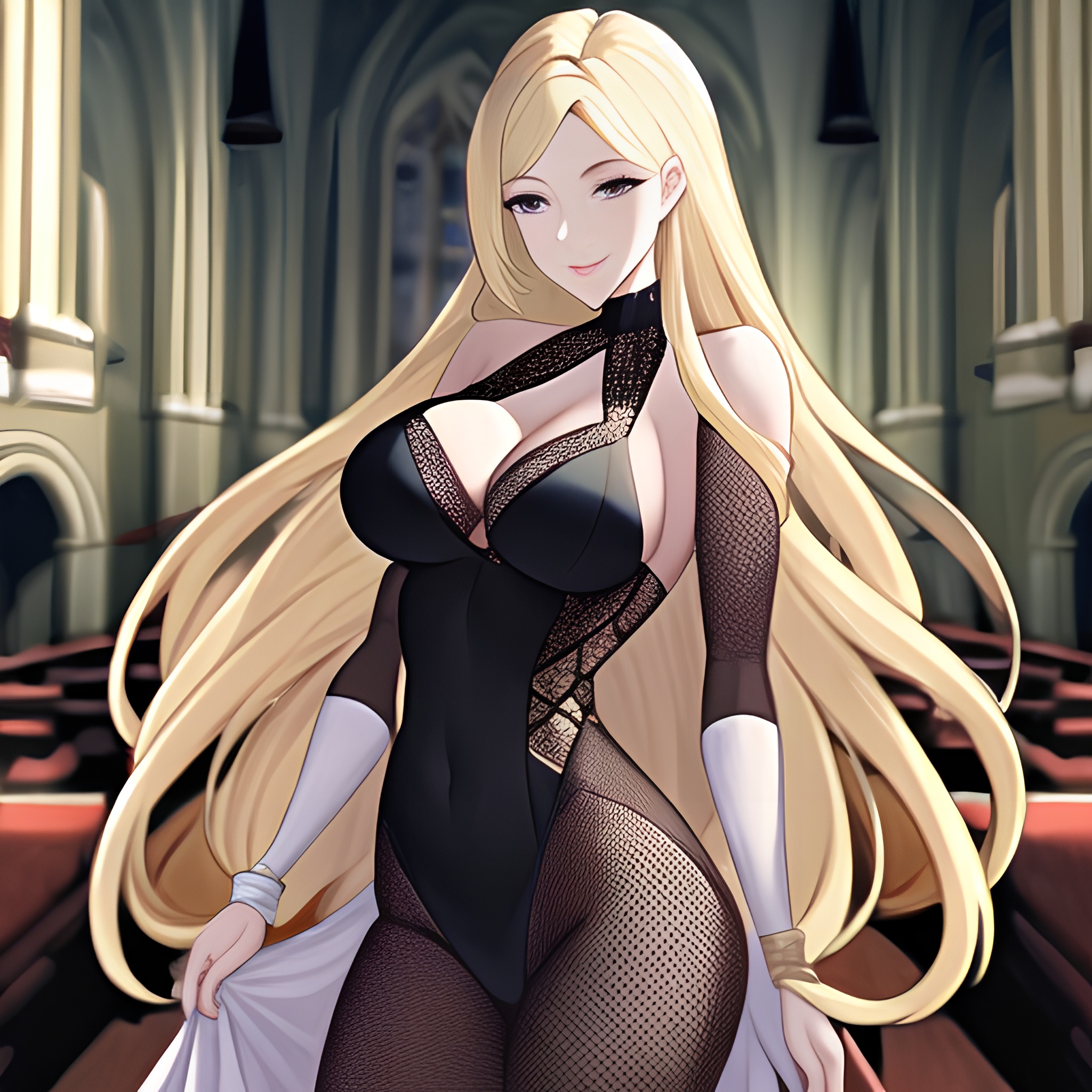 church fishnet woman long hair blonde 