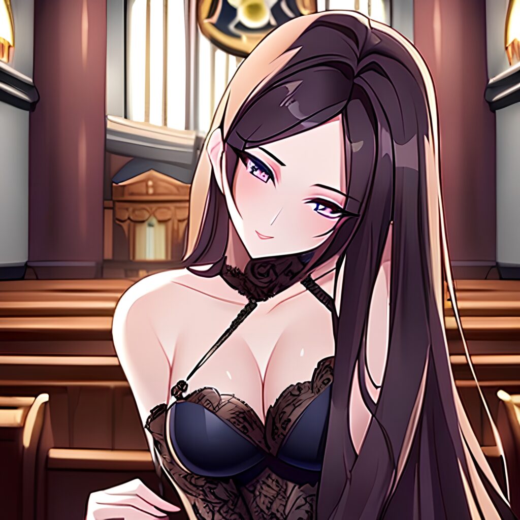 church fishnet woman long hair brunette messy hair 