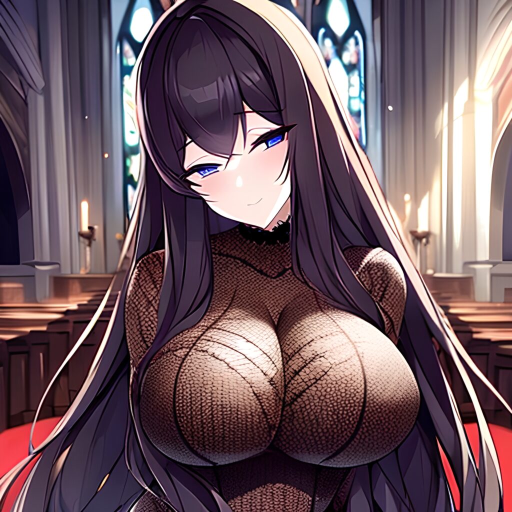 church fishnet woman long hair brunette messy hair 