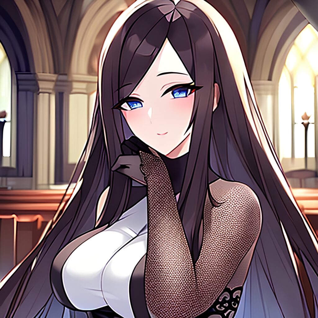church fishnet woman long hair brunette messy hair 