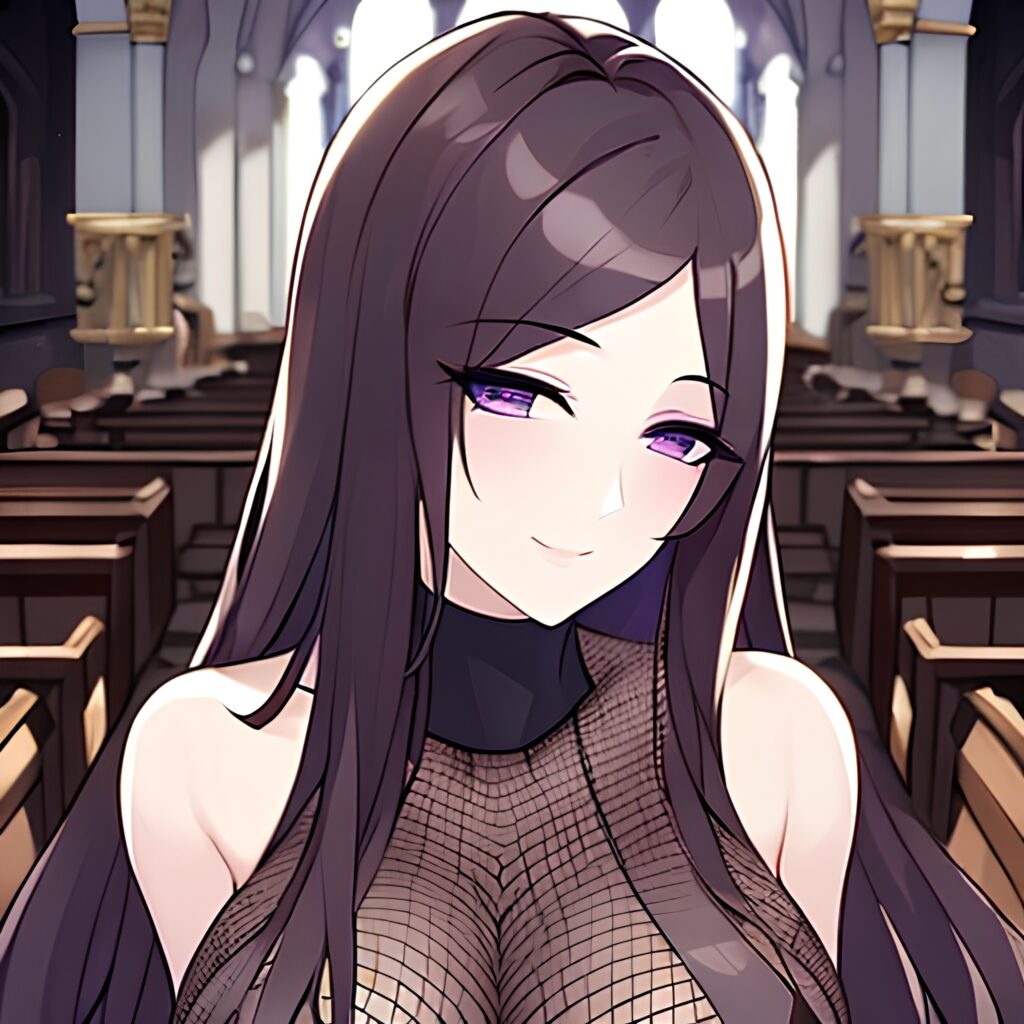 church fishnet woman long hair brunette messy hair 
