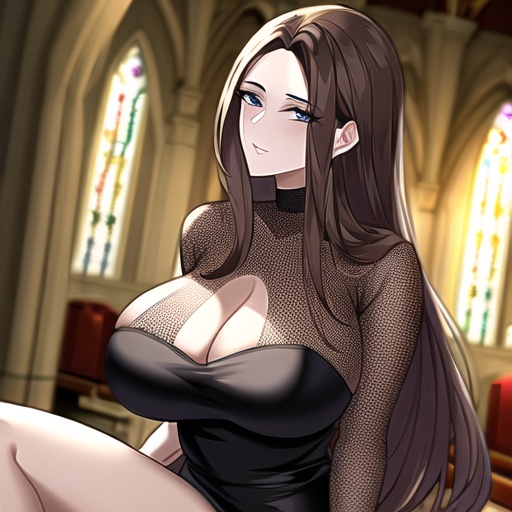 church fishnet woman long hair brunette messy hair 