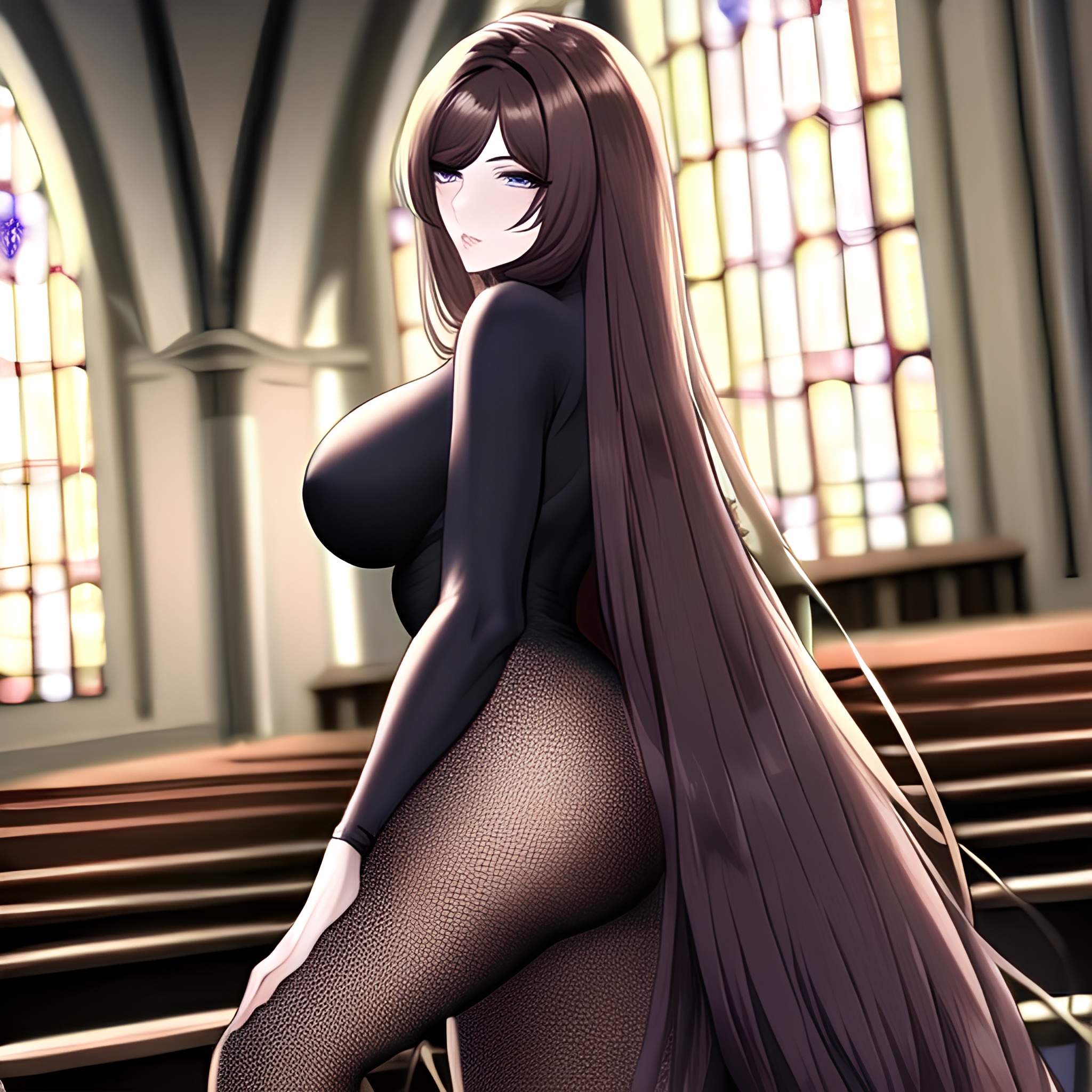 church fishnet woman long hair messy hair brunette 