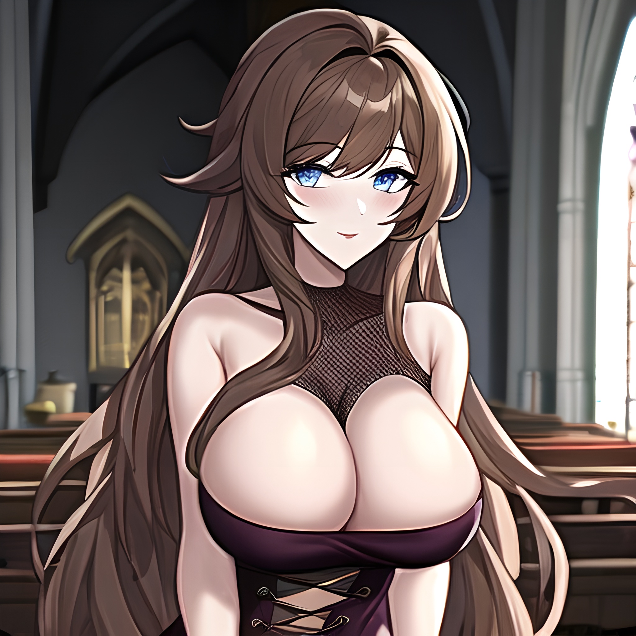 church fishnet woman long hair messy hair brunette 