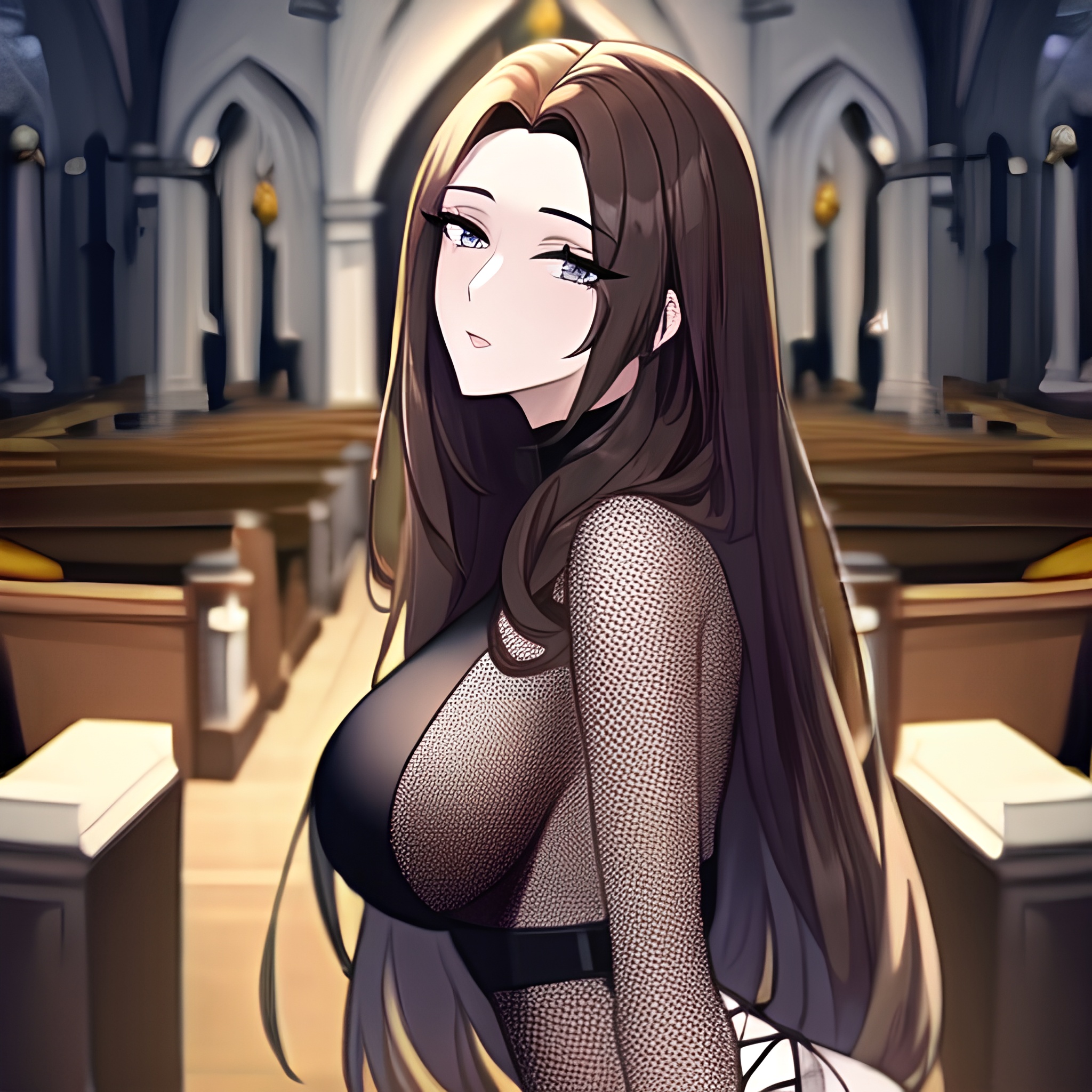 church fishnet woman messy hair brunette long hair 