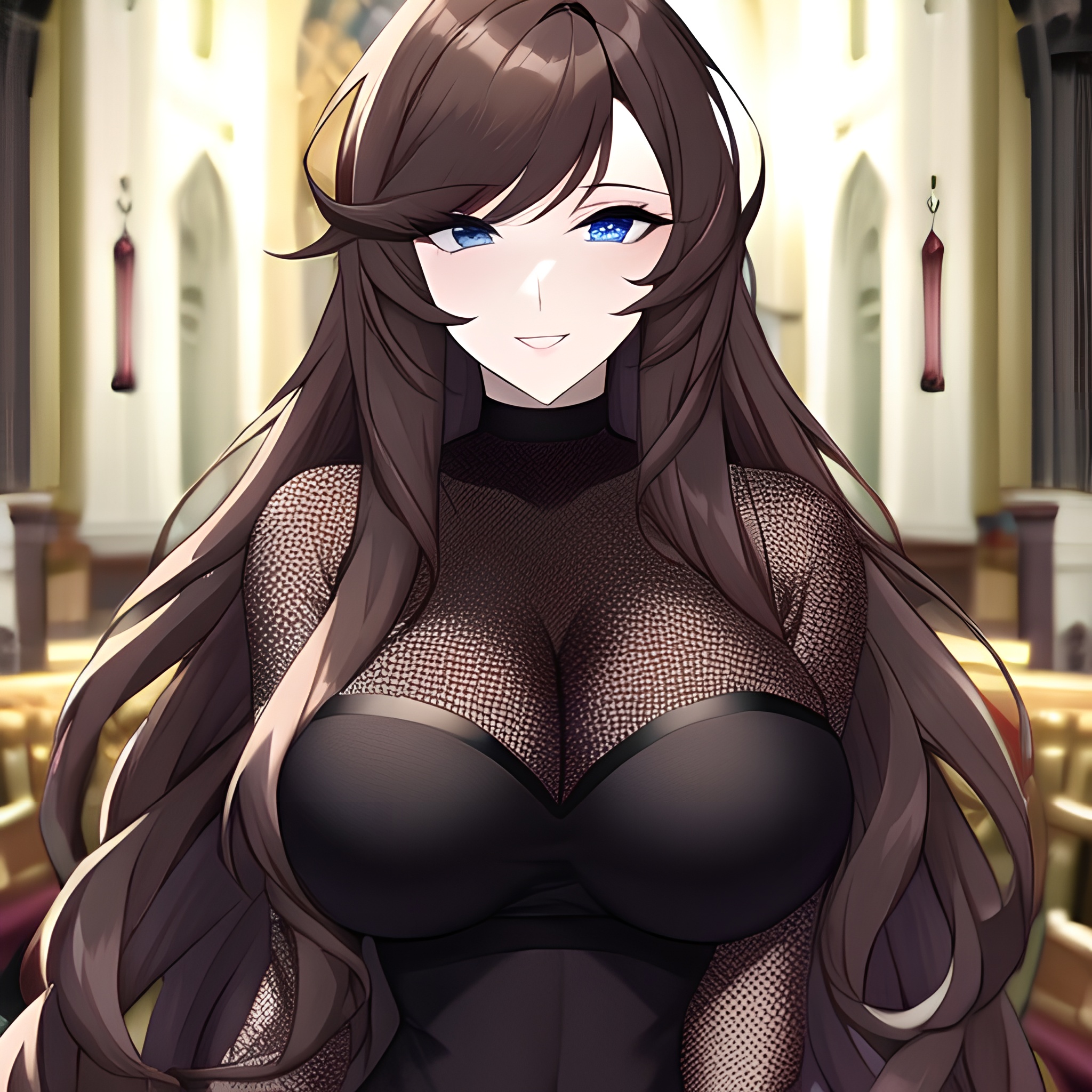 church fishnet woman messy hair brunette long hair 