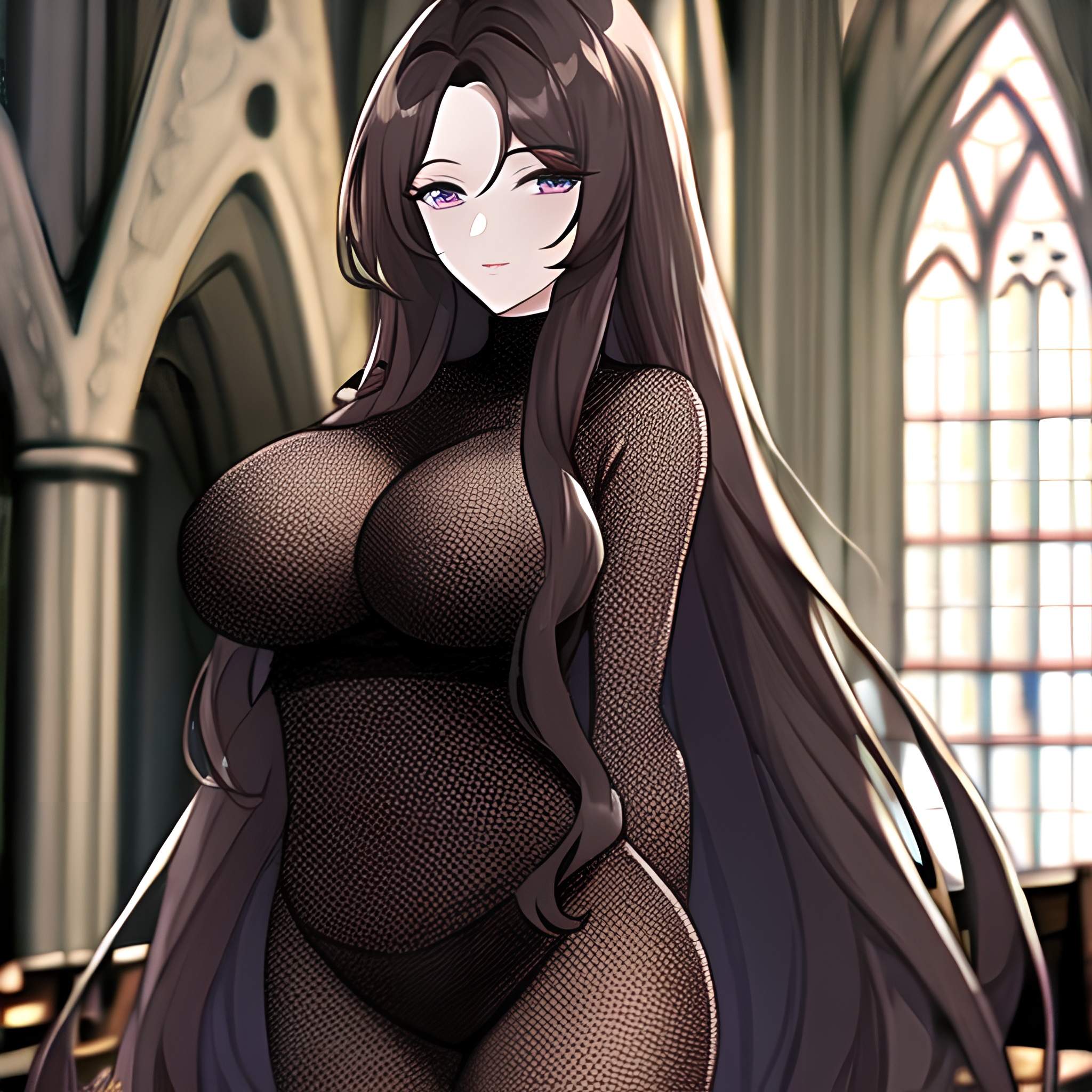 church fishnet woman messy hair long hair brunette 