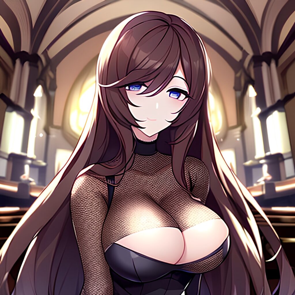 church fishnet woman messy hair long hair brunette 