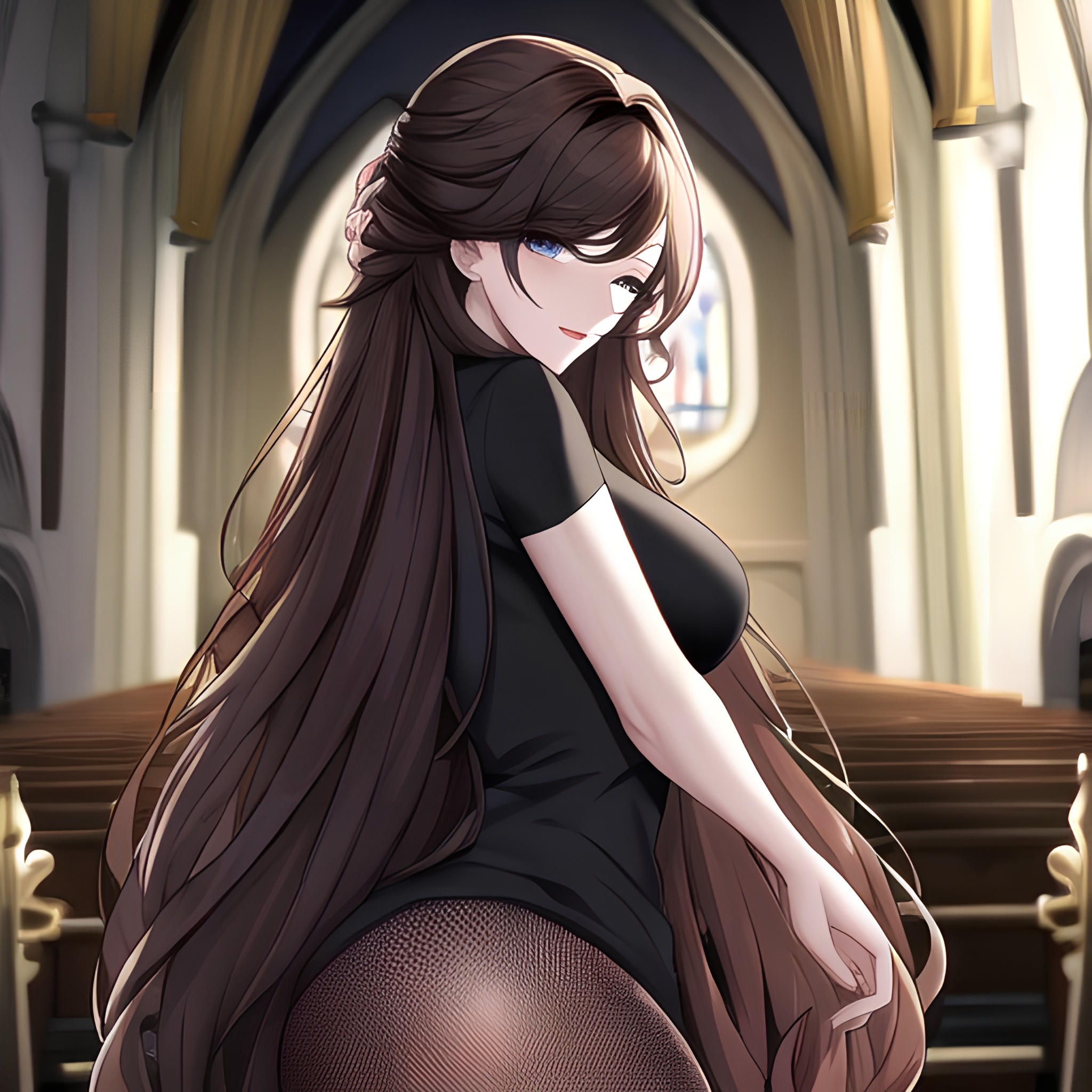 church fishnet woman messy hair long hair brunette 