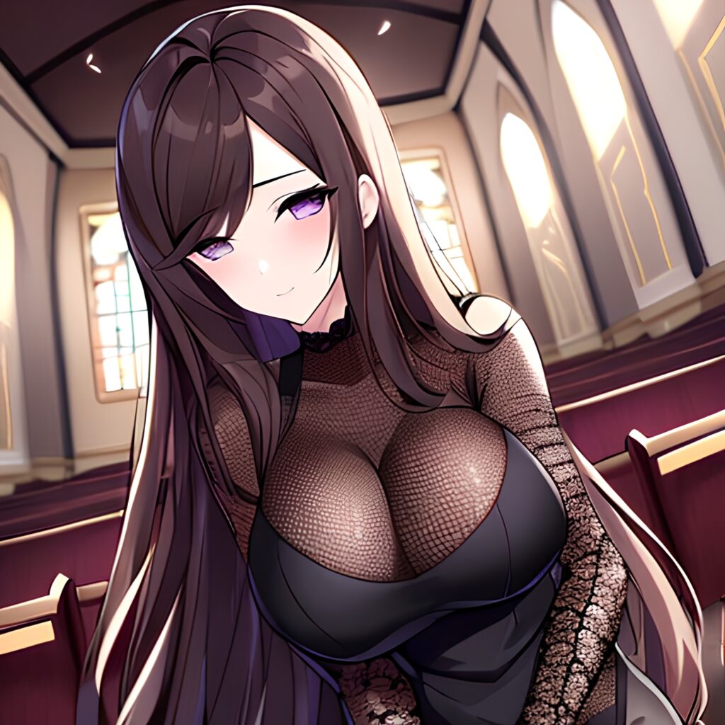 church fishnet woman messy hair long hair brunette 