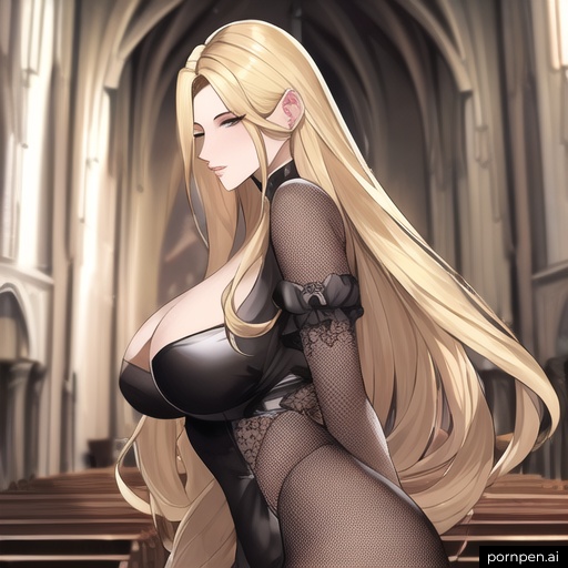 church fishnet woman nude long hair front view small boobs blonde 