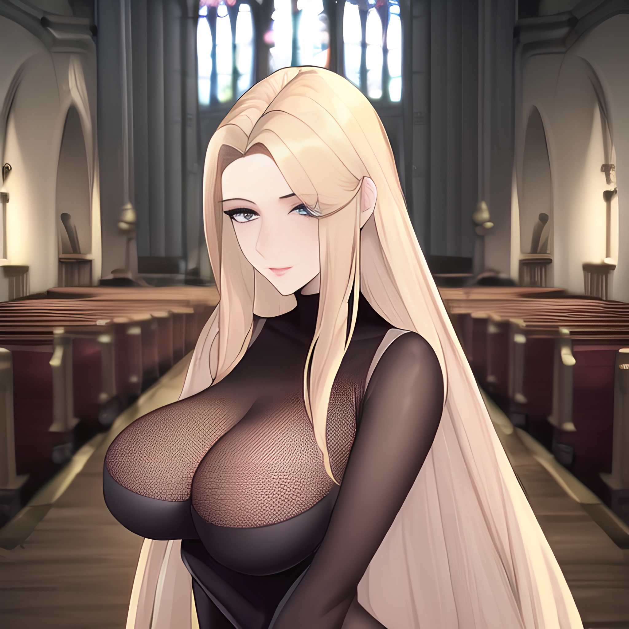 church front view fishnet blonde long hair small boobs nude woman 