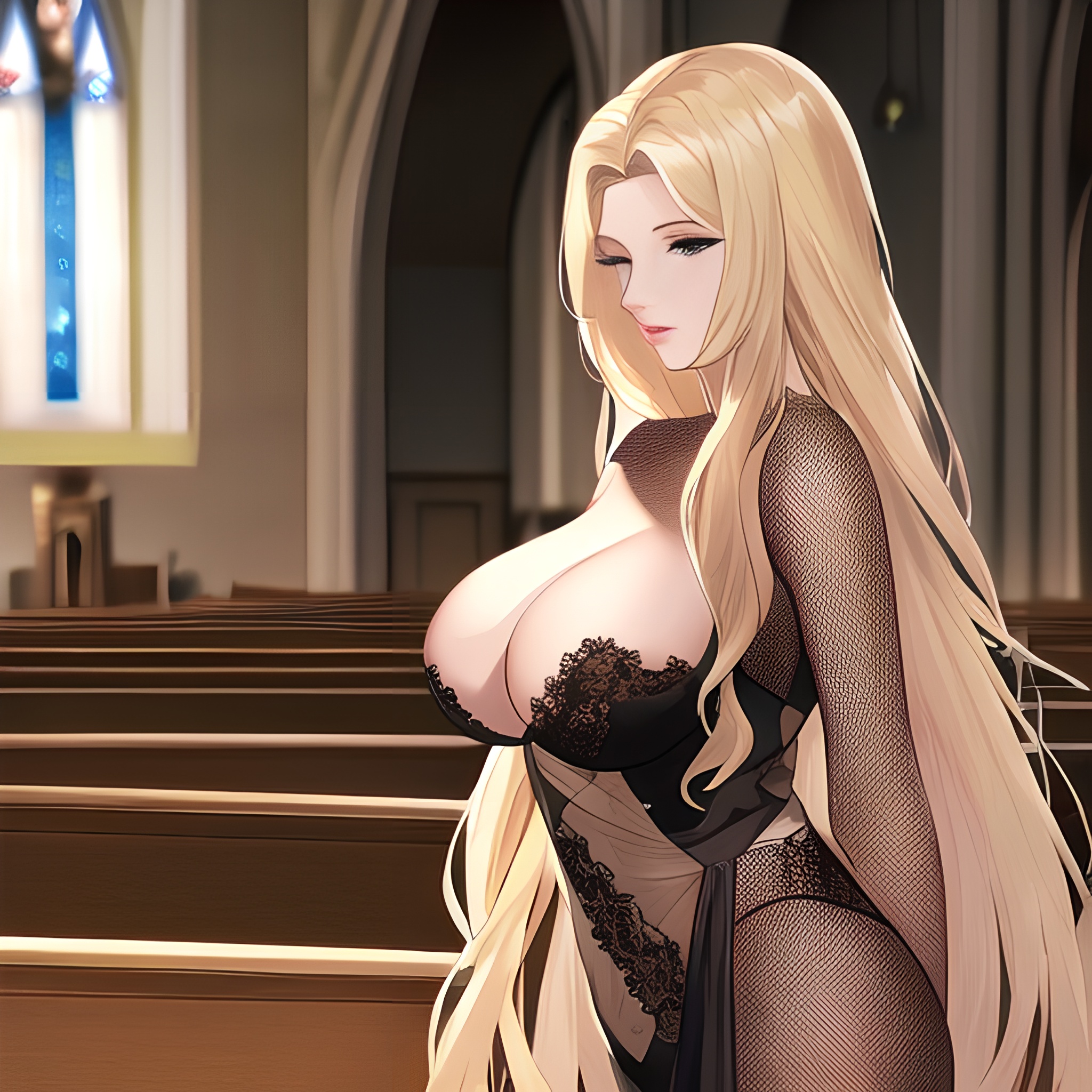 church front view fishnet small boobs nude woman long hair blonde 