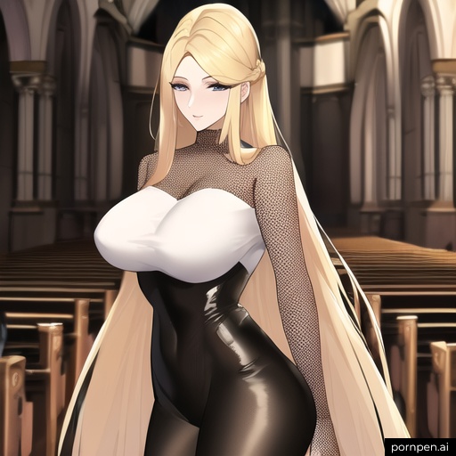 church front view long hair woman small boobs nude blonde fishnet 