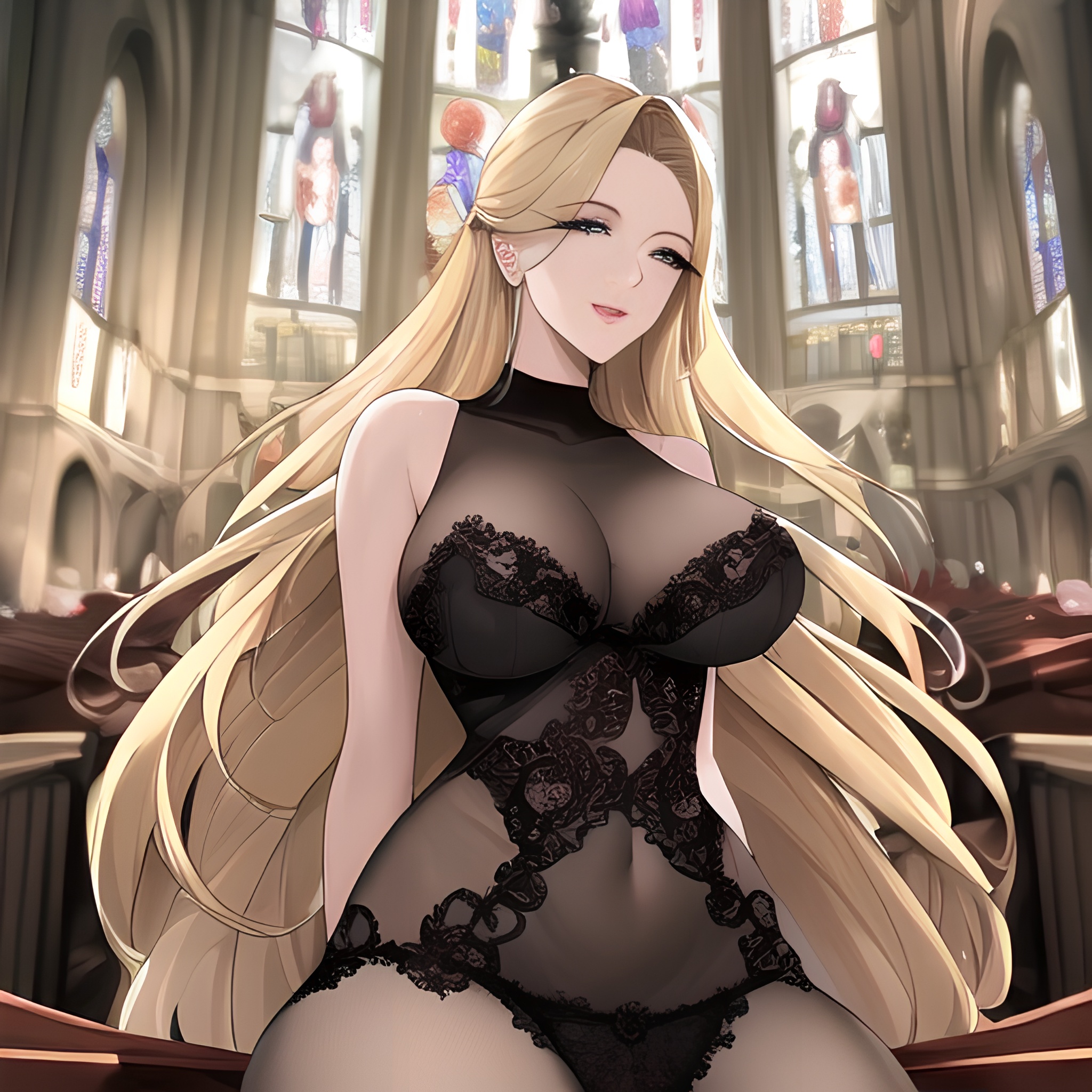 church front view nude blonde long hair fishnet woman small boobs 