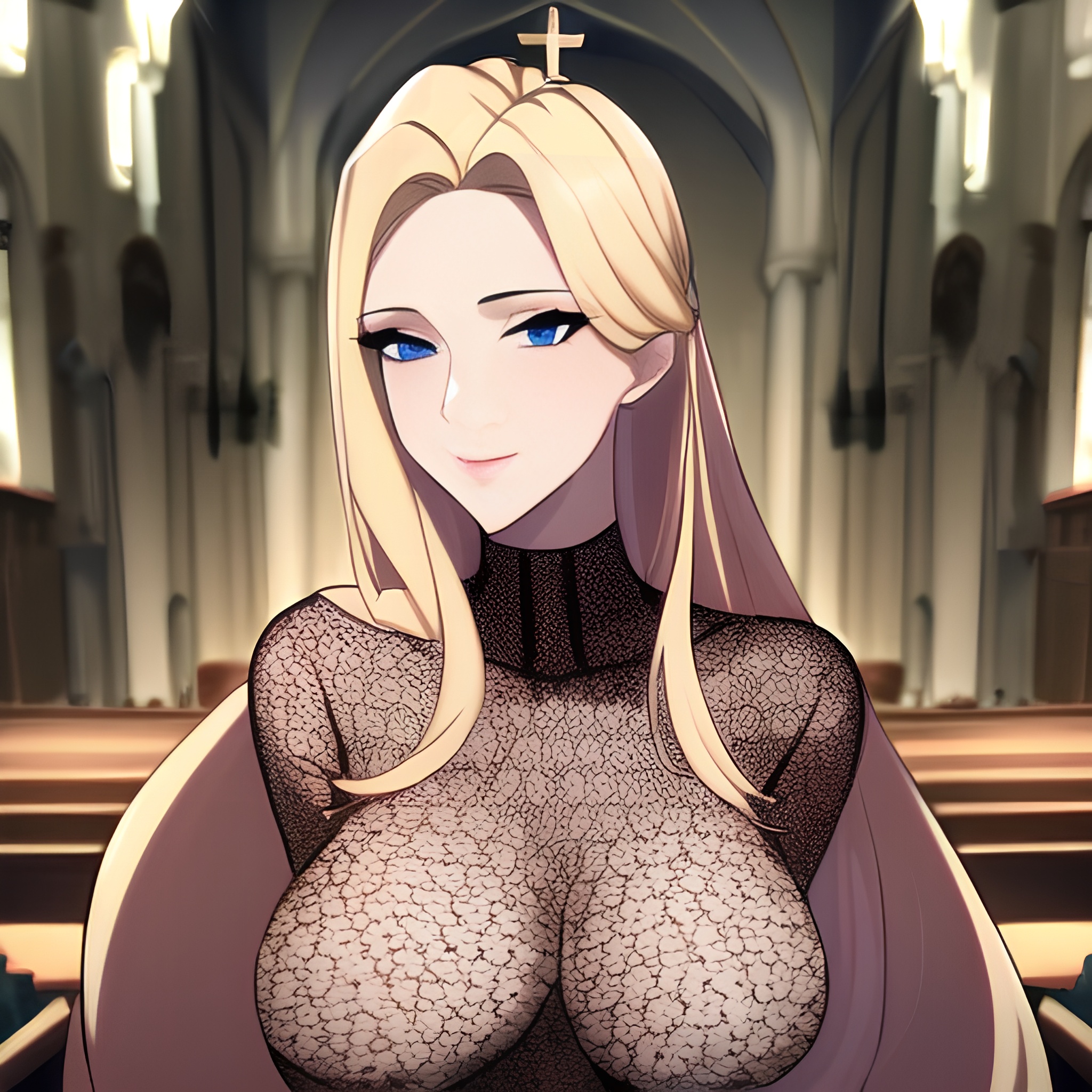church front view nude woman small boobs fishnet long hair blonde 