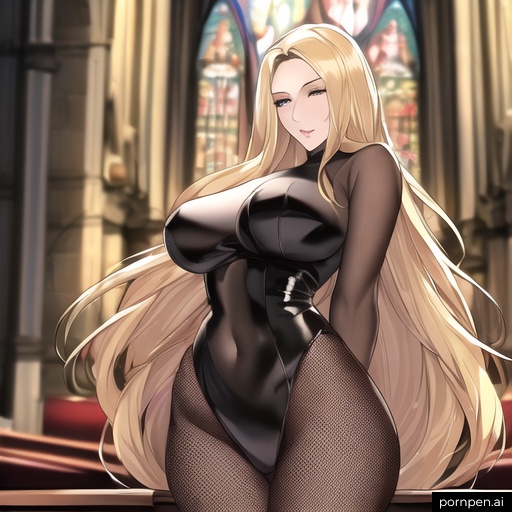 church front view small boobs blonde nude fishnet long hair woman 