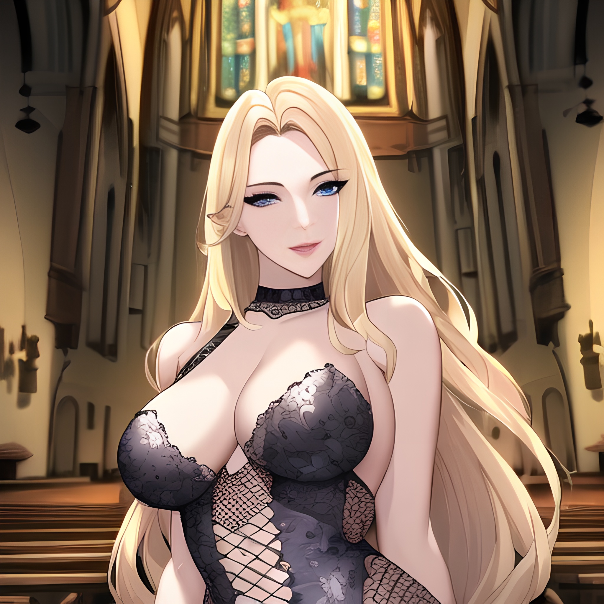 church front view small boobs blonde woman long hair fishnet nude 