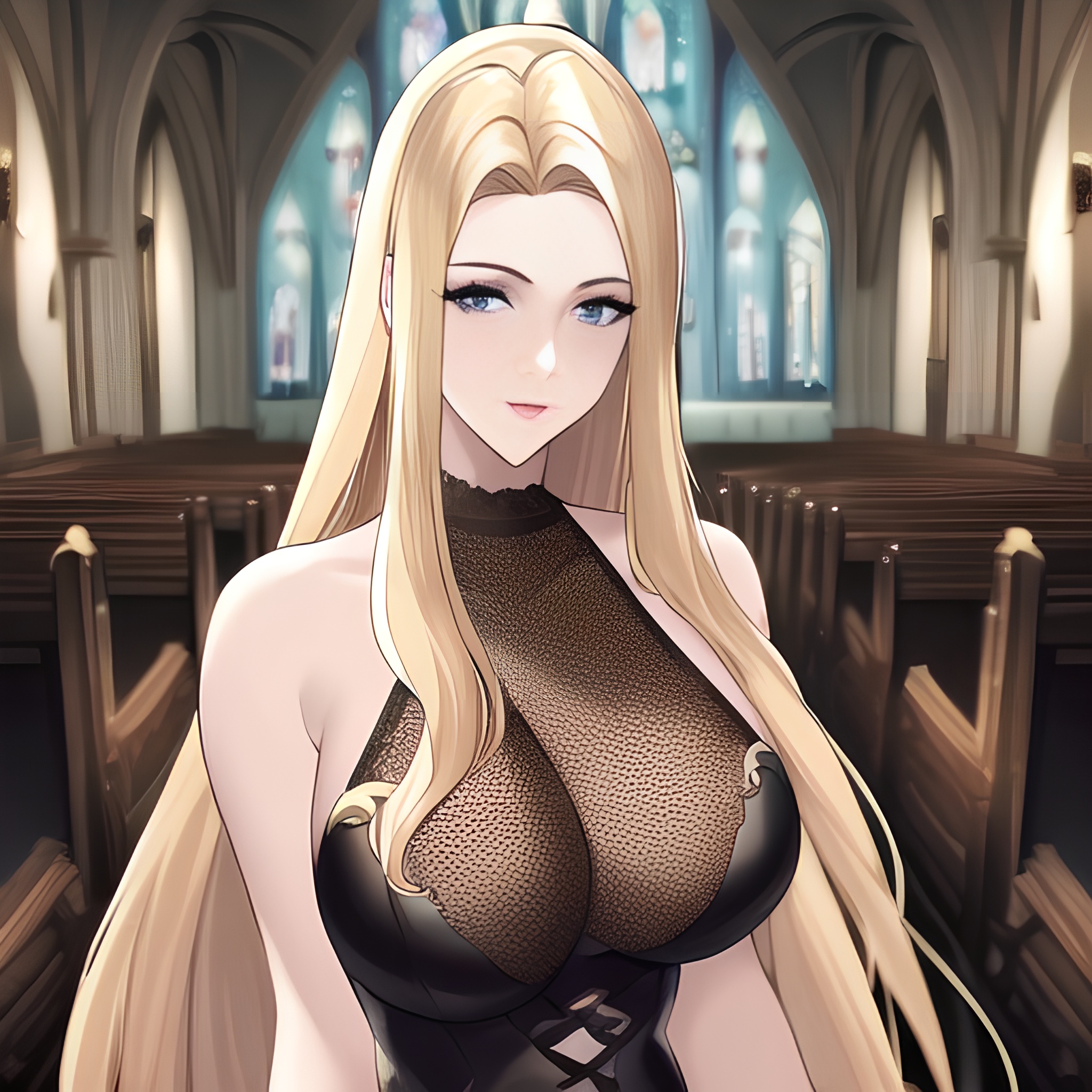 church front view small boobs nude fishnet long hair woman blonde 