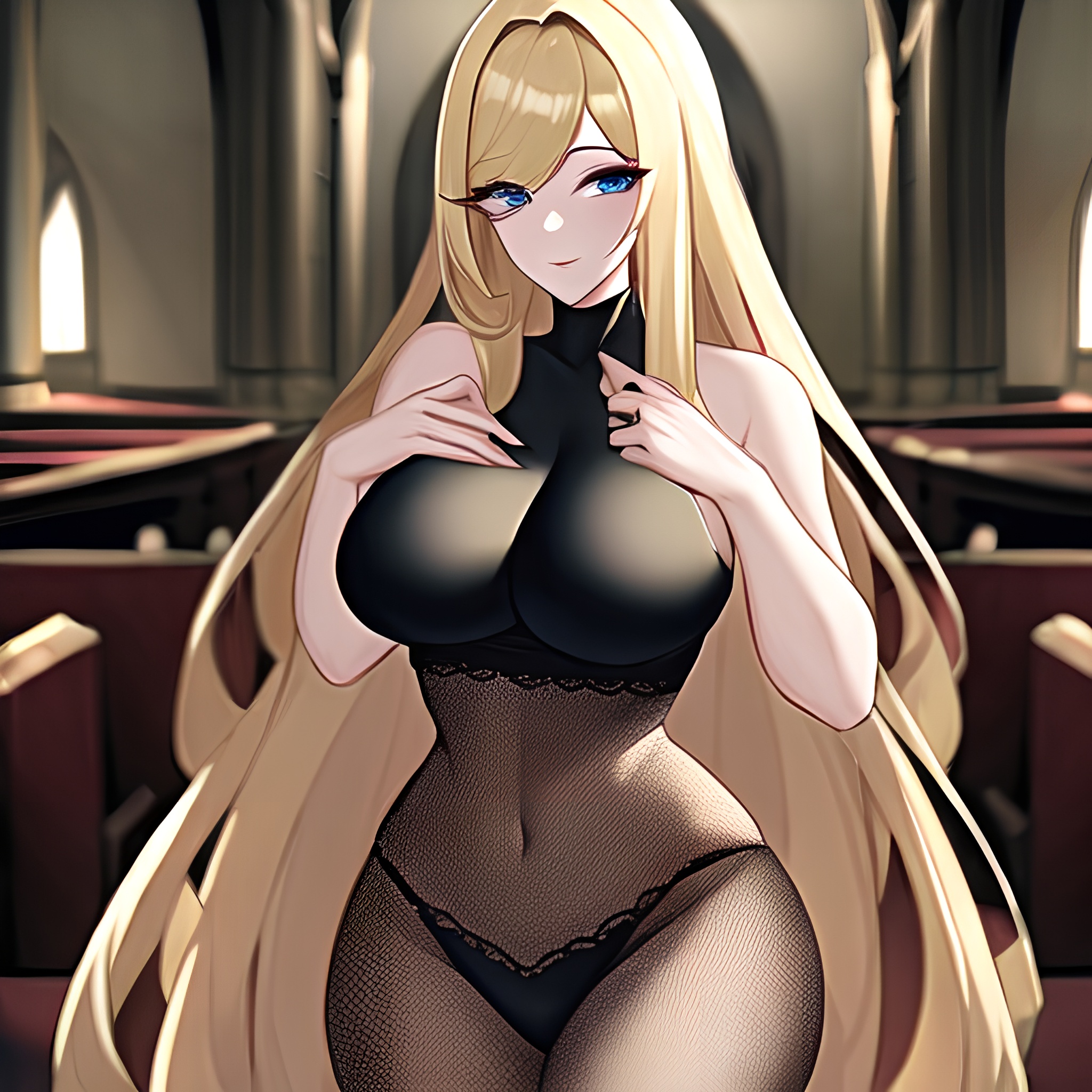 church long hair blonde fishnet woman 