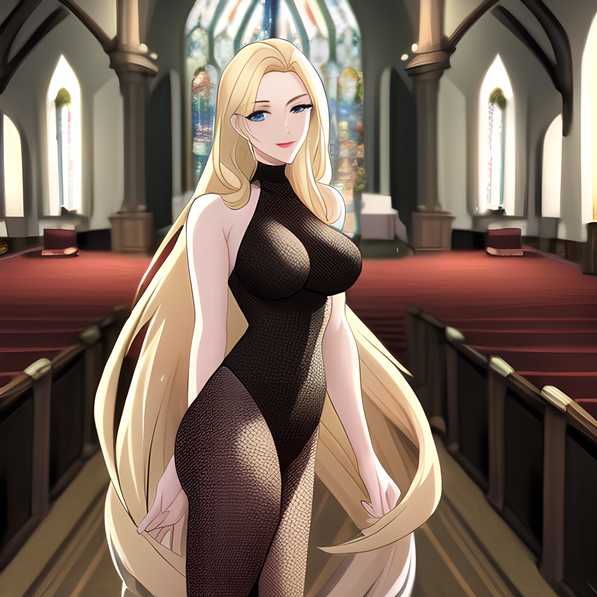 church long hair blonde fishnet woman