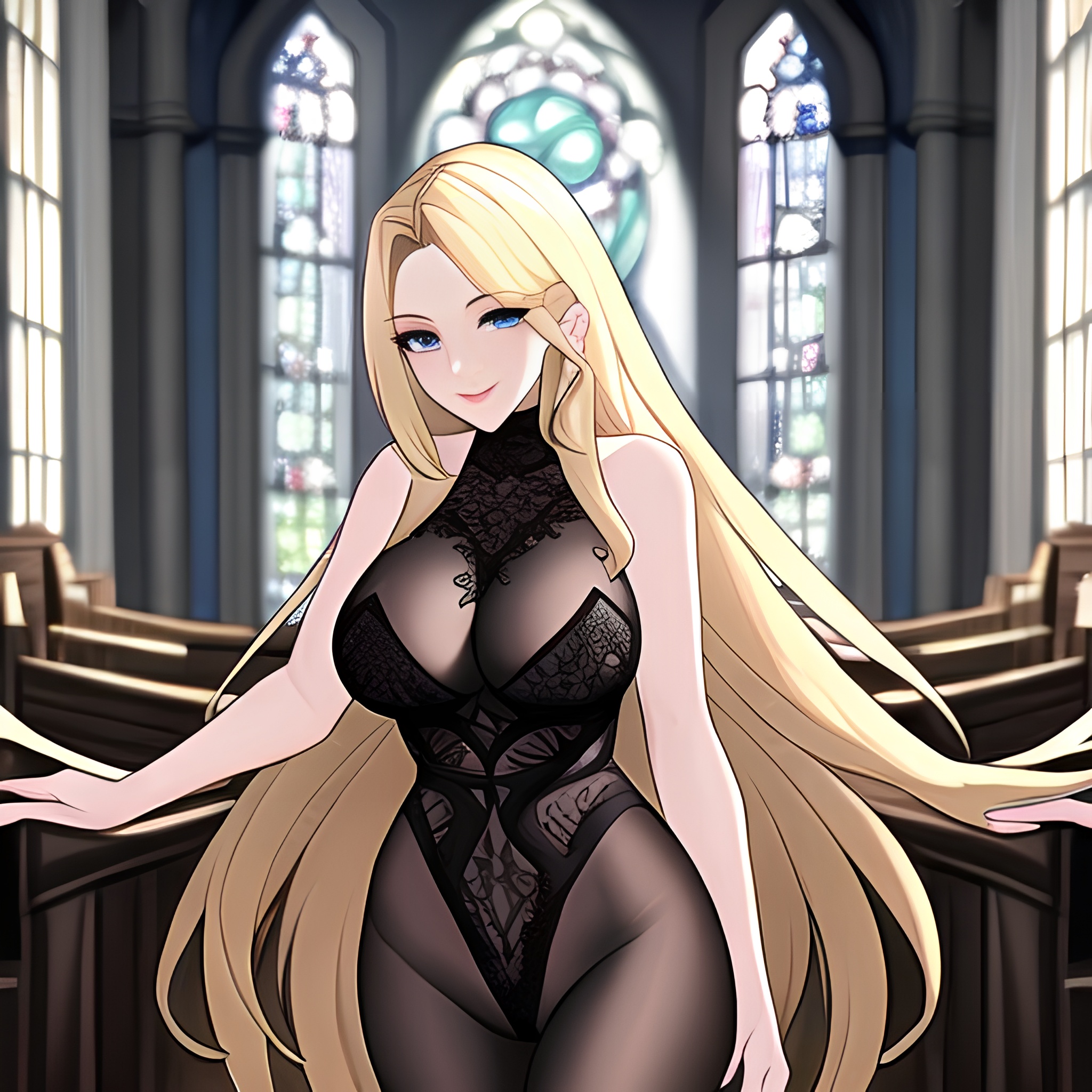 church long hair blonde fishnet woman 
