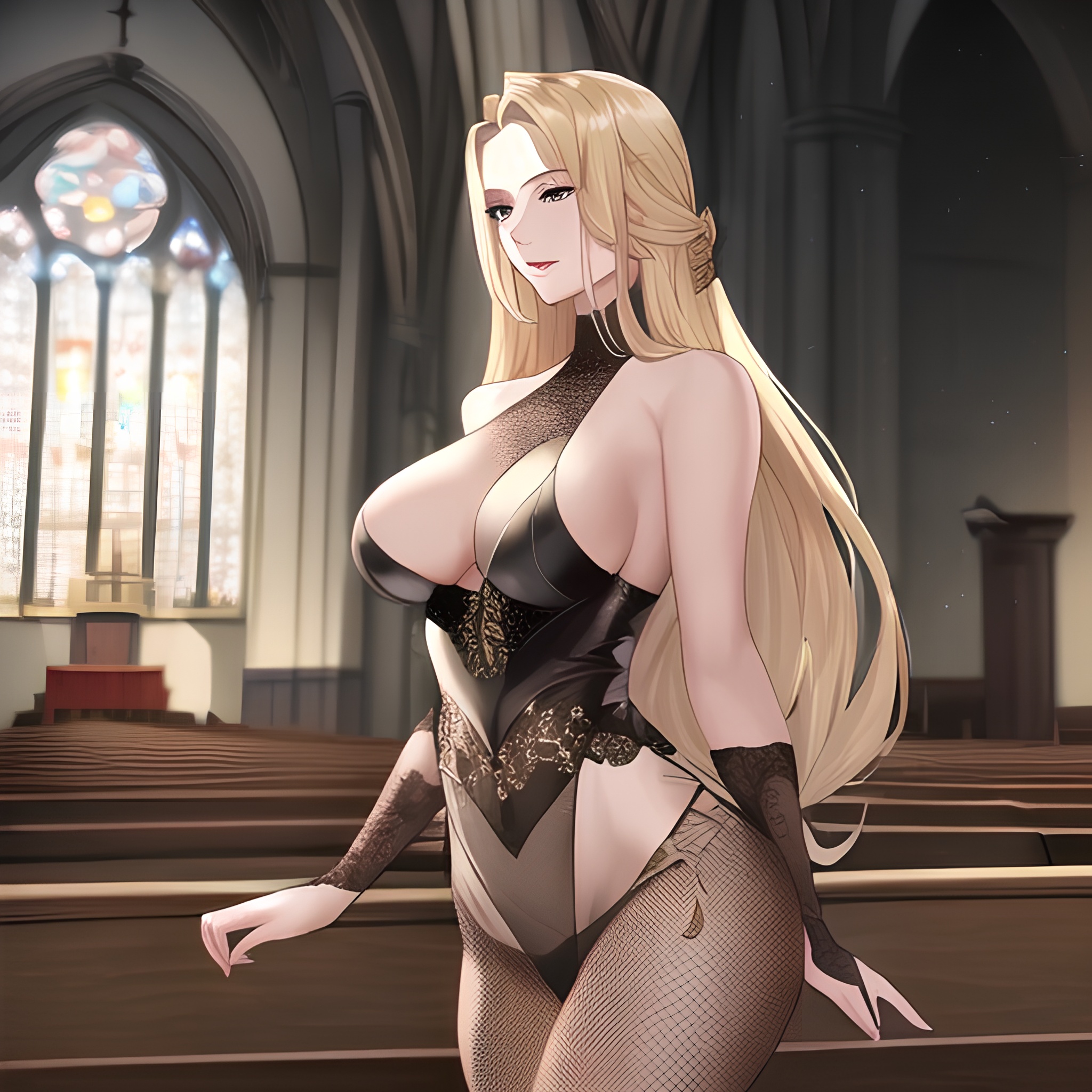 church long hair blonde front view fishnet woman small boobs nude 