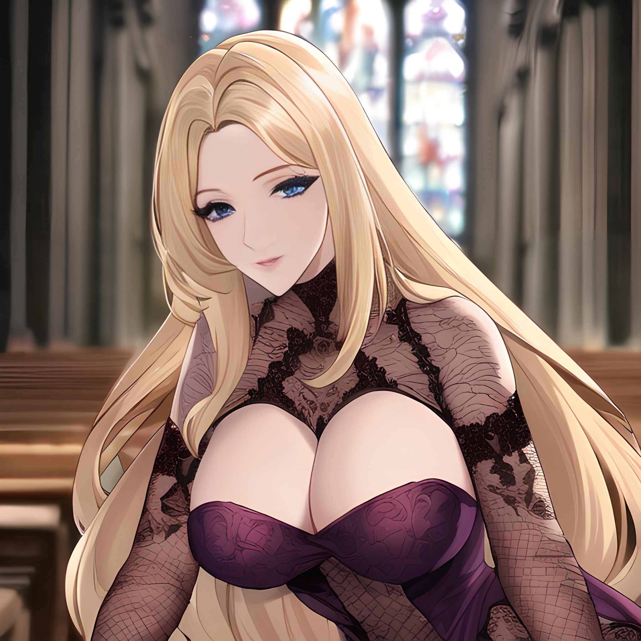 church long hair blonde nude fishnet front view woman small boobs 