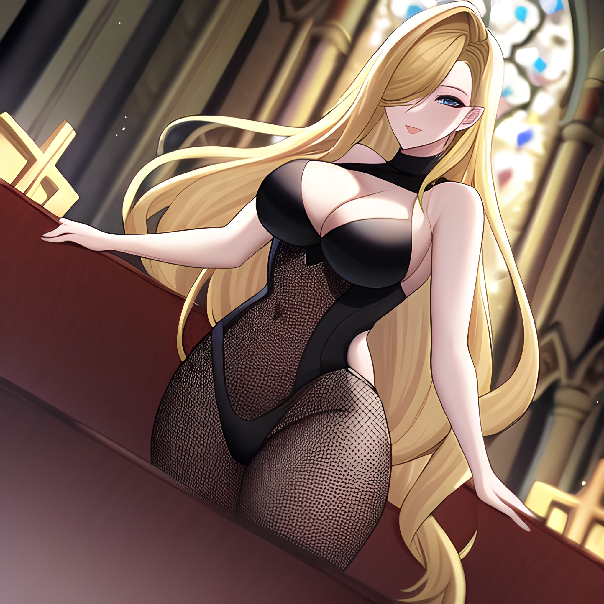 church long hair blonde woman fishnet 