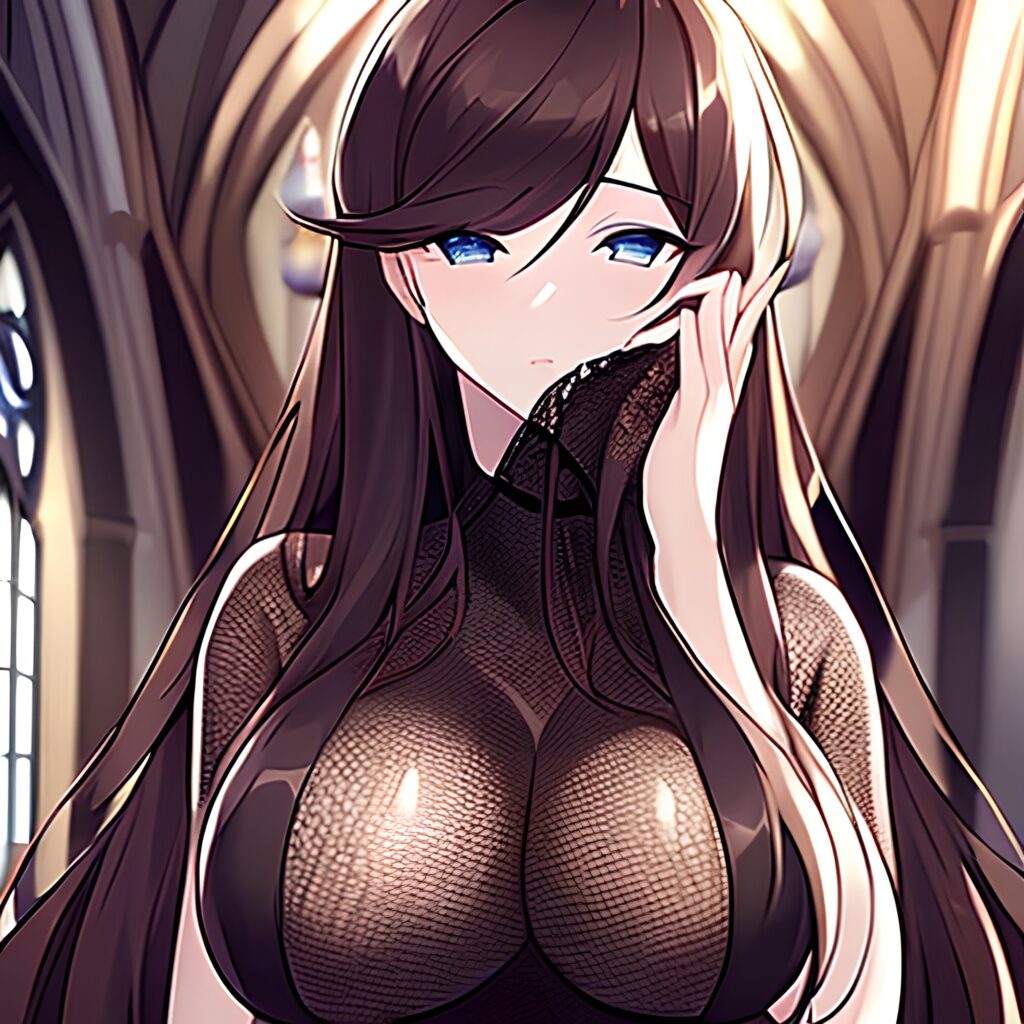 church long hair brunette fishnet messy hair woman 