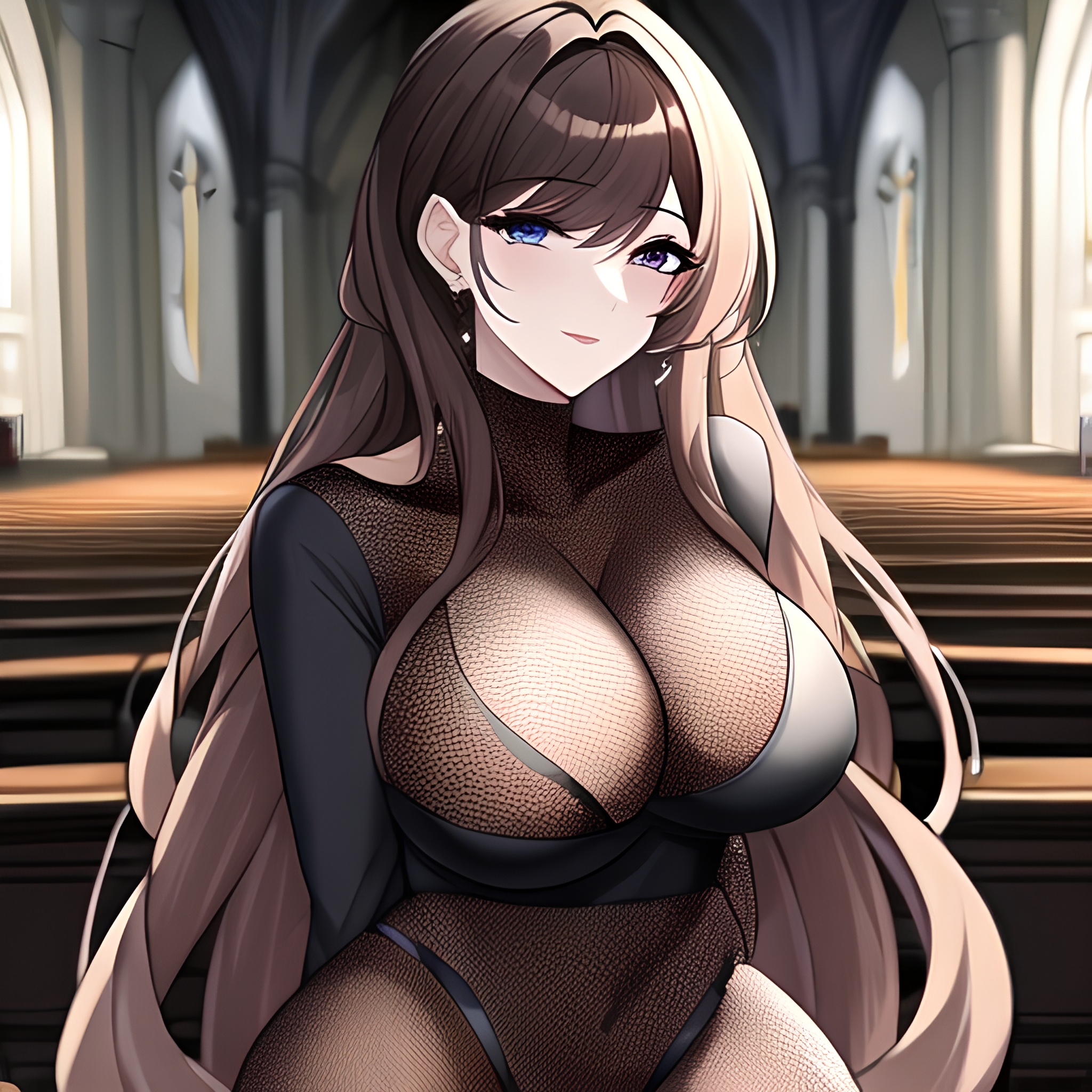 church long hair brunette fishnet messy hair woman 