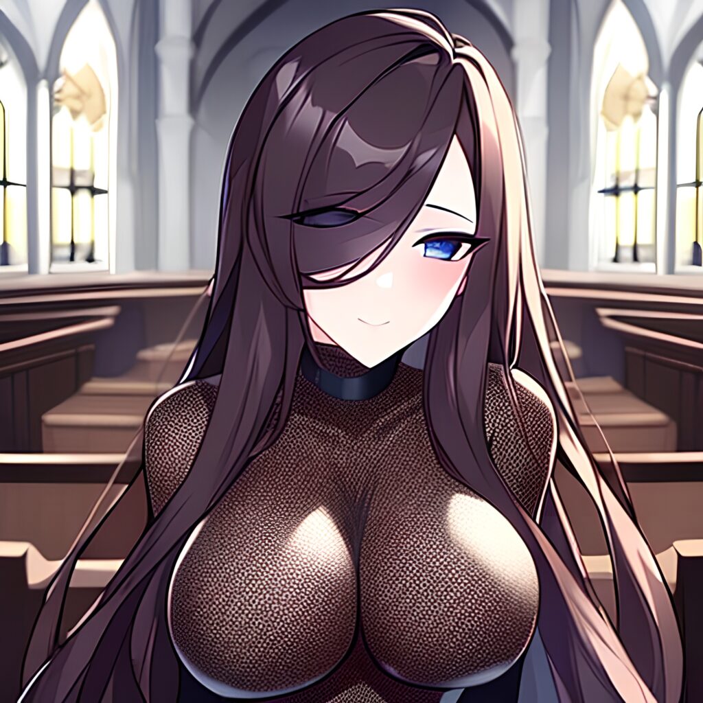 church long hair brunette fishnet woman messy hair 