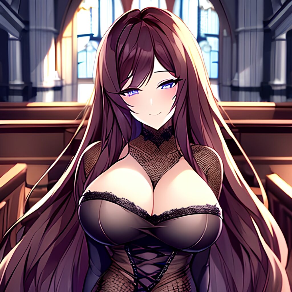 church long hair brunette fishnet woman messy hair 