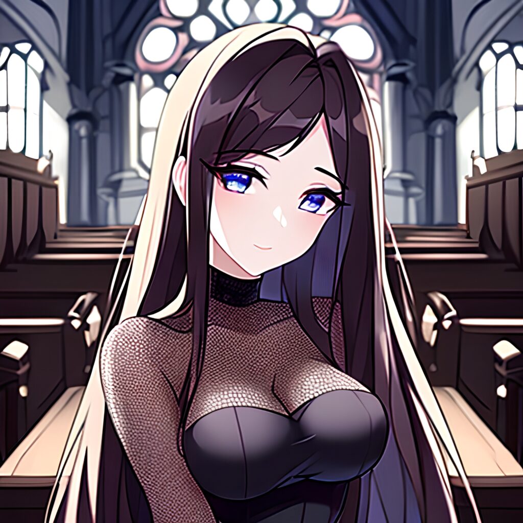 church long hair brunette fishnet woman messy hair 