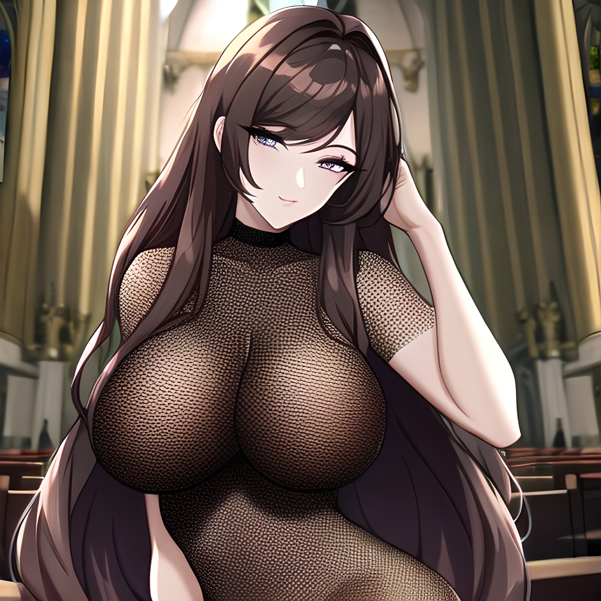 church long hair brunette fishnet woman messy hair 