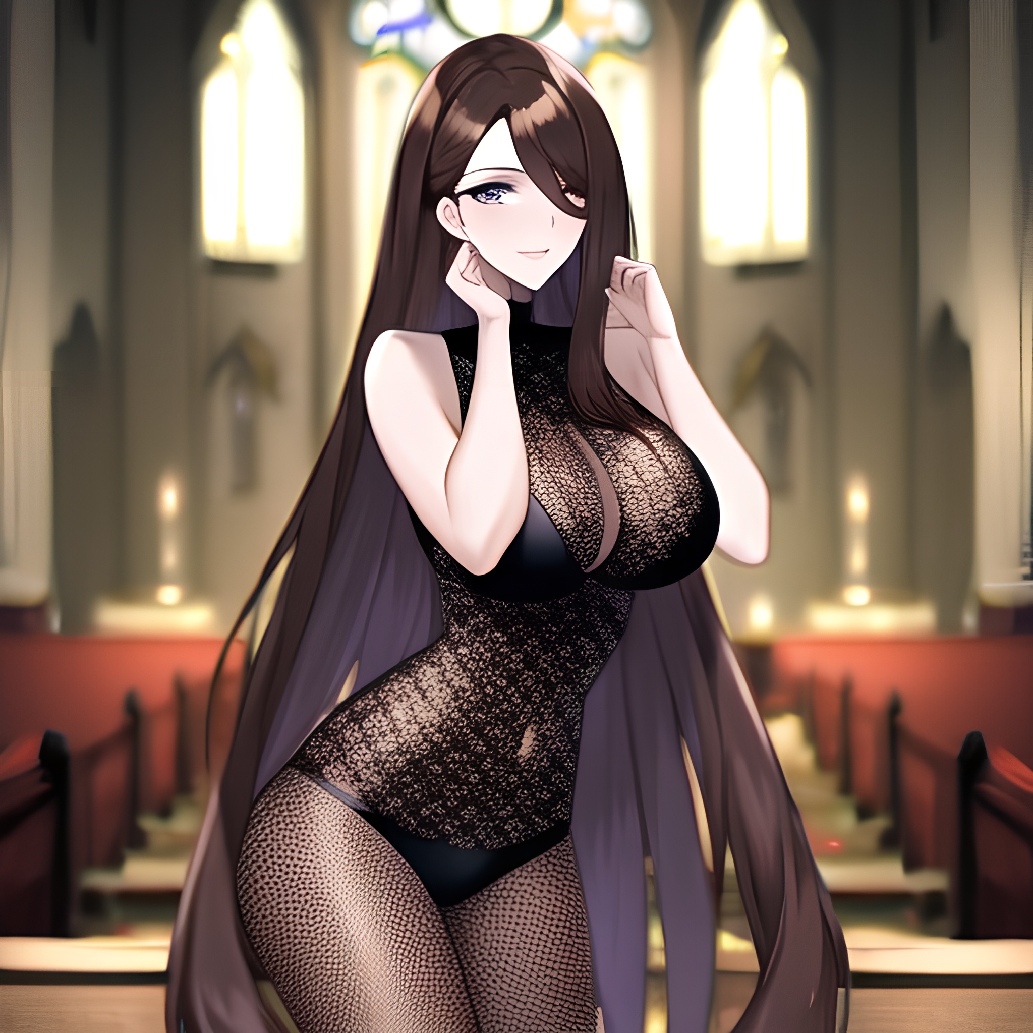 church long hair brunette fishnet woman messy hair 