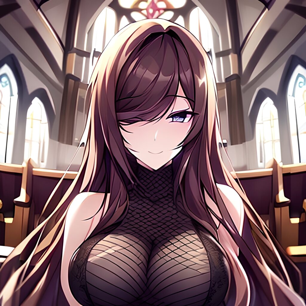 church long hair brunette messy hair fishnet woman